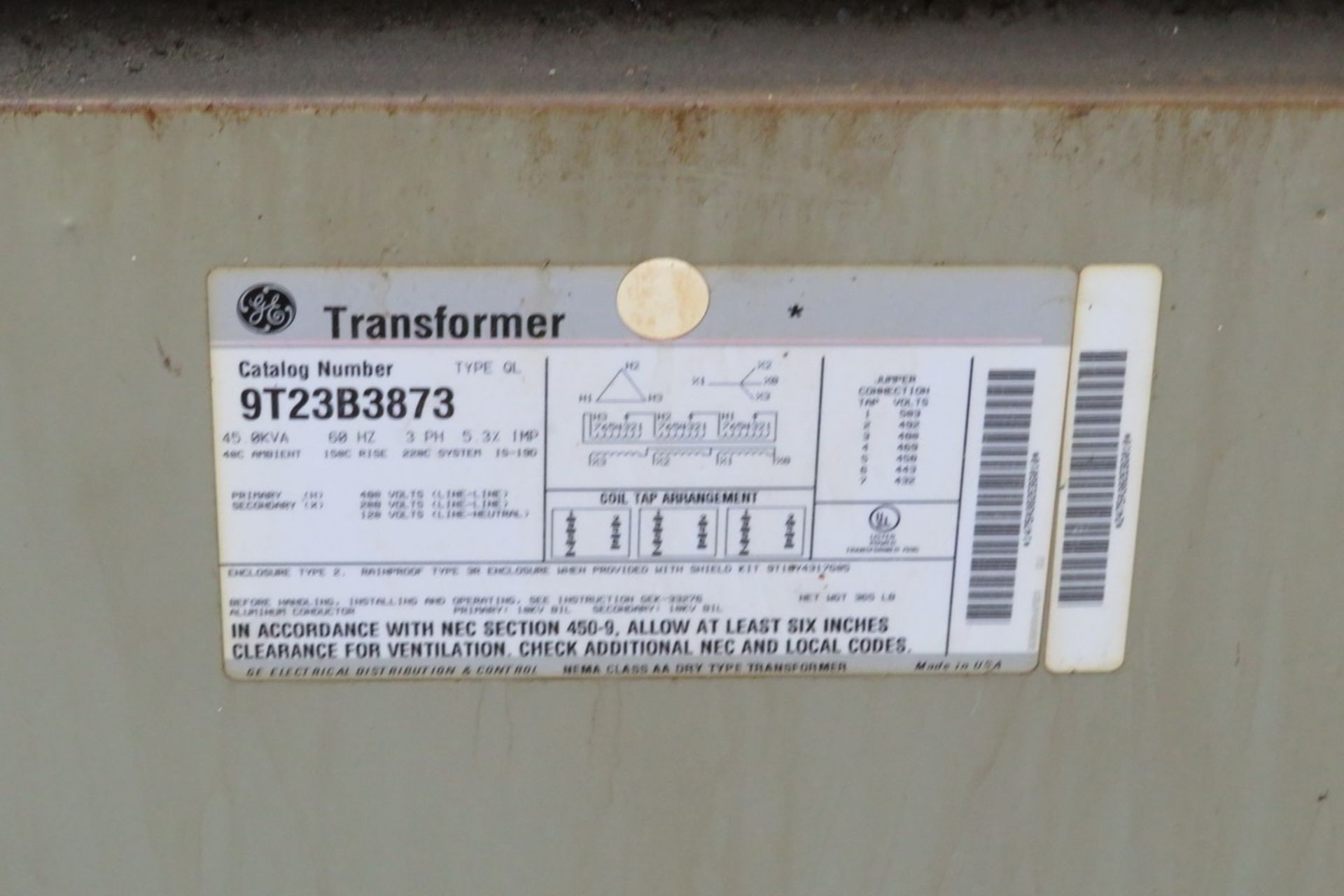 GE 9T23B3873 45KVA 3PH Dry Type Transformer - Image 2 of 2