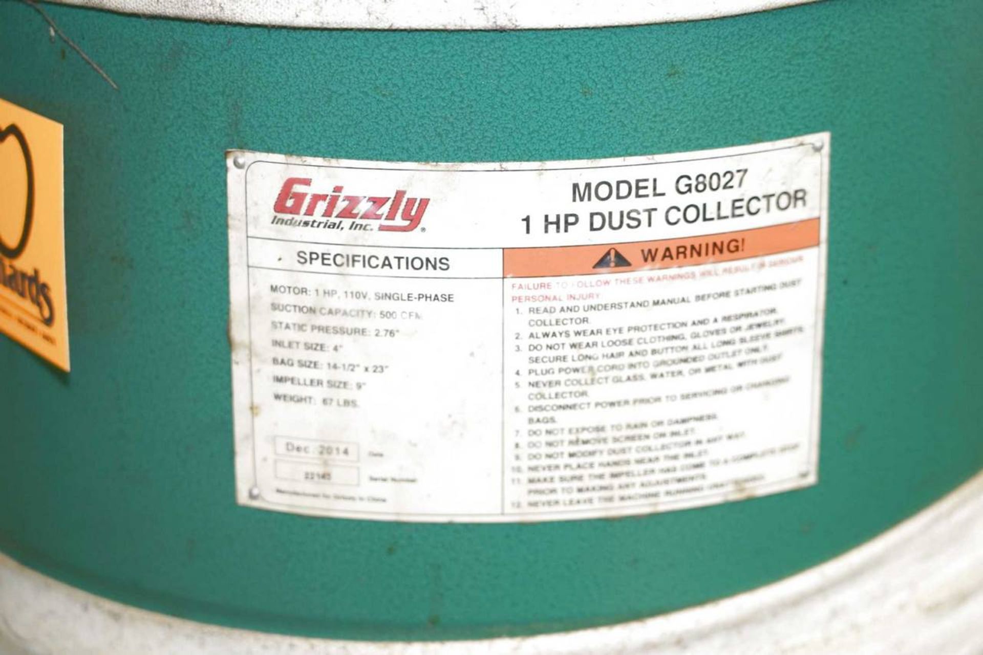 2014 Grizzly Industrial G8027 Dust Collector - Image 2 of 2