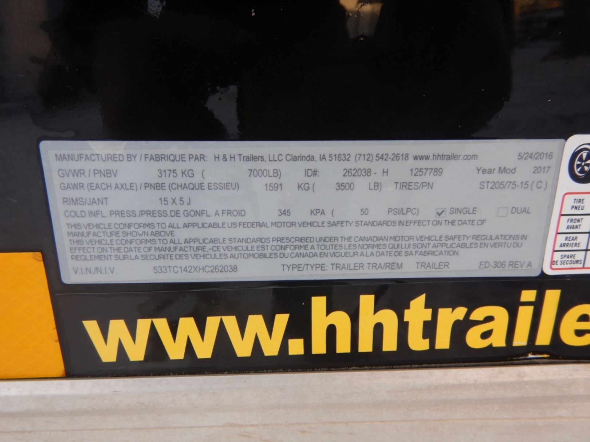 2017 H&H T/A 14 FT V-NOSE ENCLOSED TRAILER XL SERIES REAR RAMP DOOR, MAN DOOR, S/N 533TC142XHC262038 - Image 7 of 7