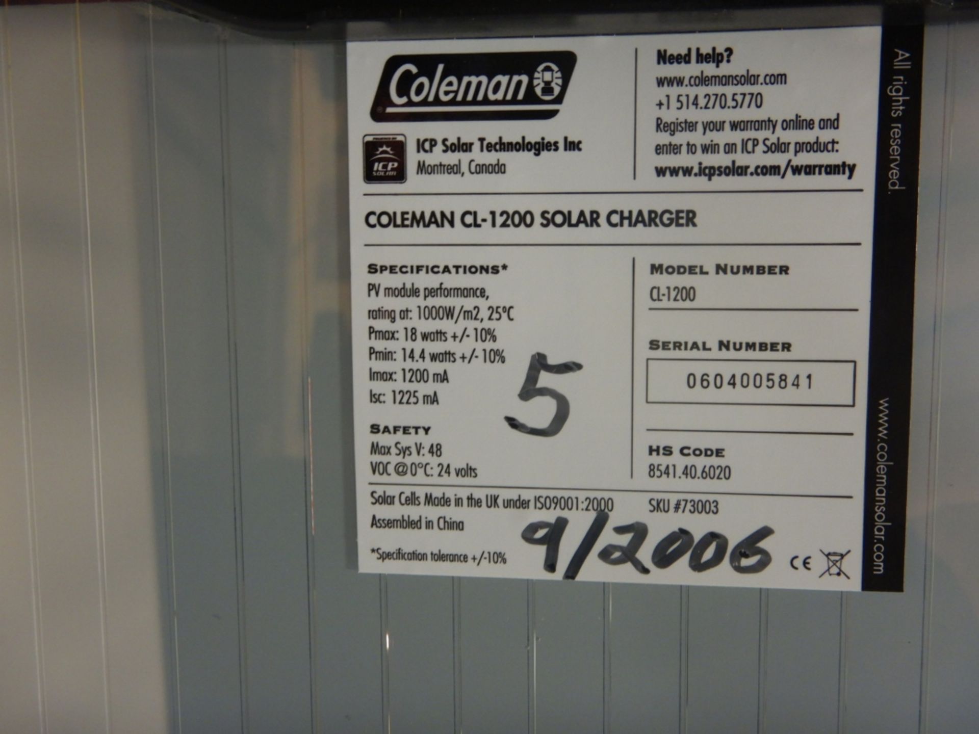 COLEMAN CL-1200 SOLAR CHARGER NEW IN BOX - Image 6 of 7