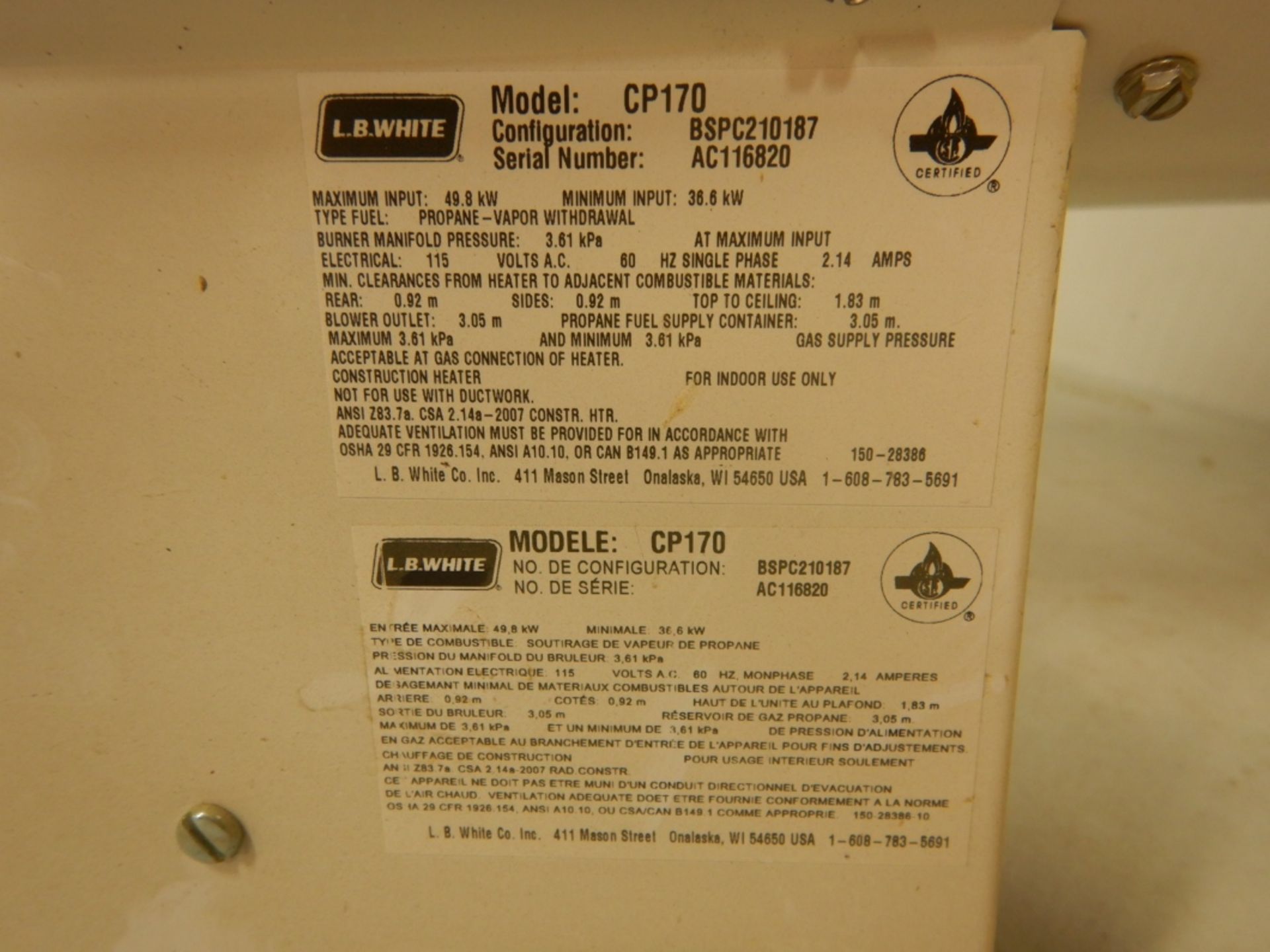 L.B. WHITE TRADEMAN CP 170 PROPANE HEATER - Image 2 of 3