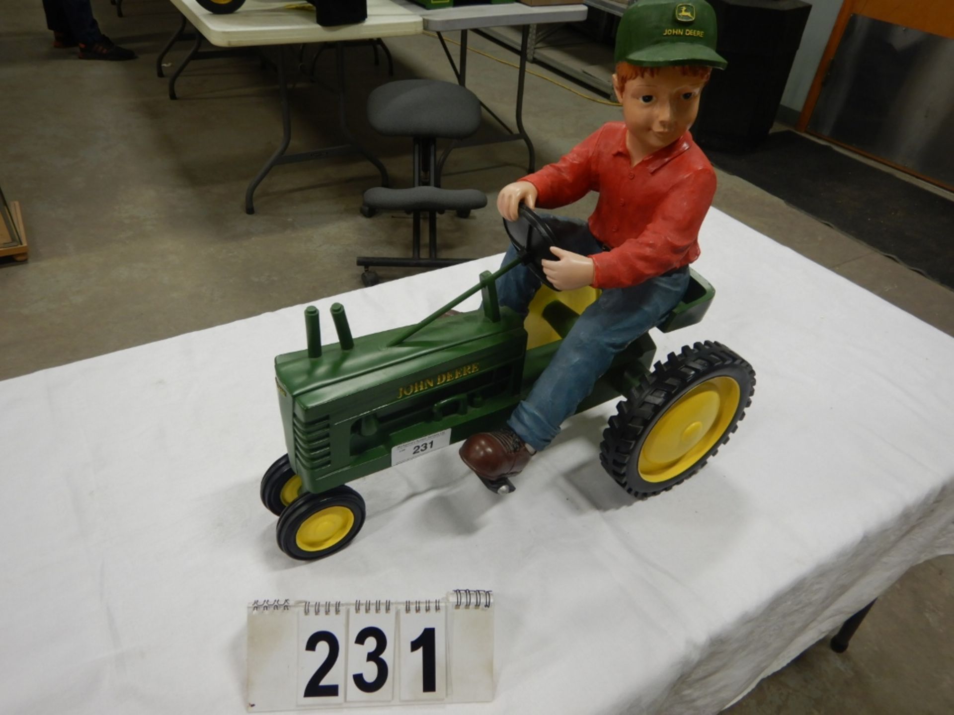 SPECCAST INDOOR/OUTDOOR RESIN BOY AND JOHN DEERE PEDEL TRACTOR 20" HIGH