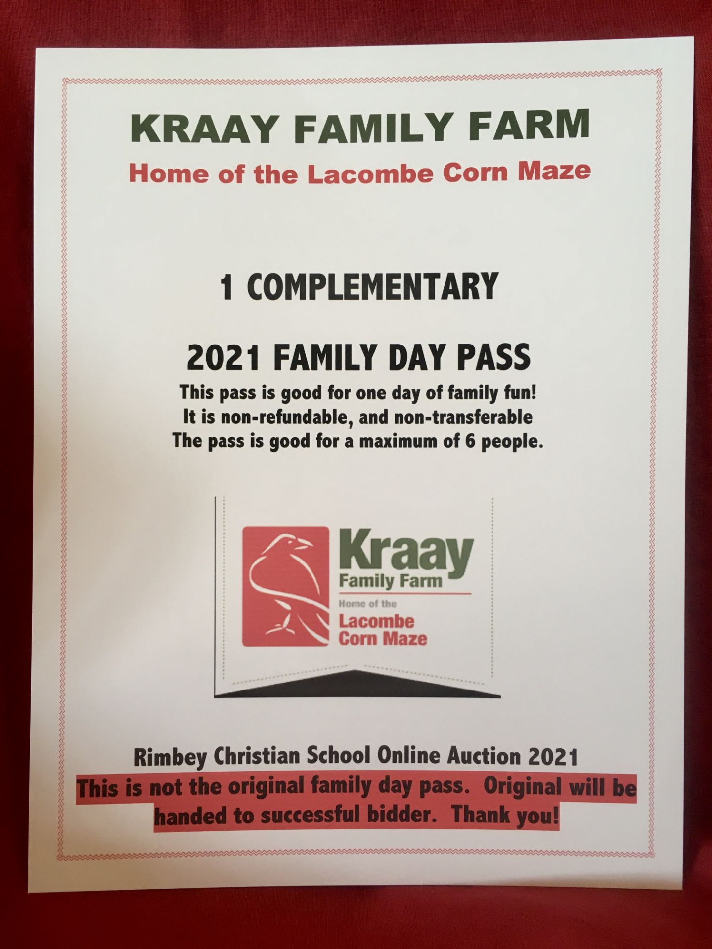 1 - 2021 FAMILY DAY PASS AT KRAAY FAMILY FARM The Family Day Pass is good for one day of family