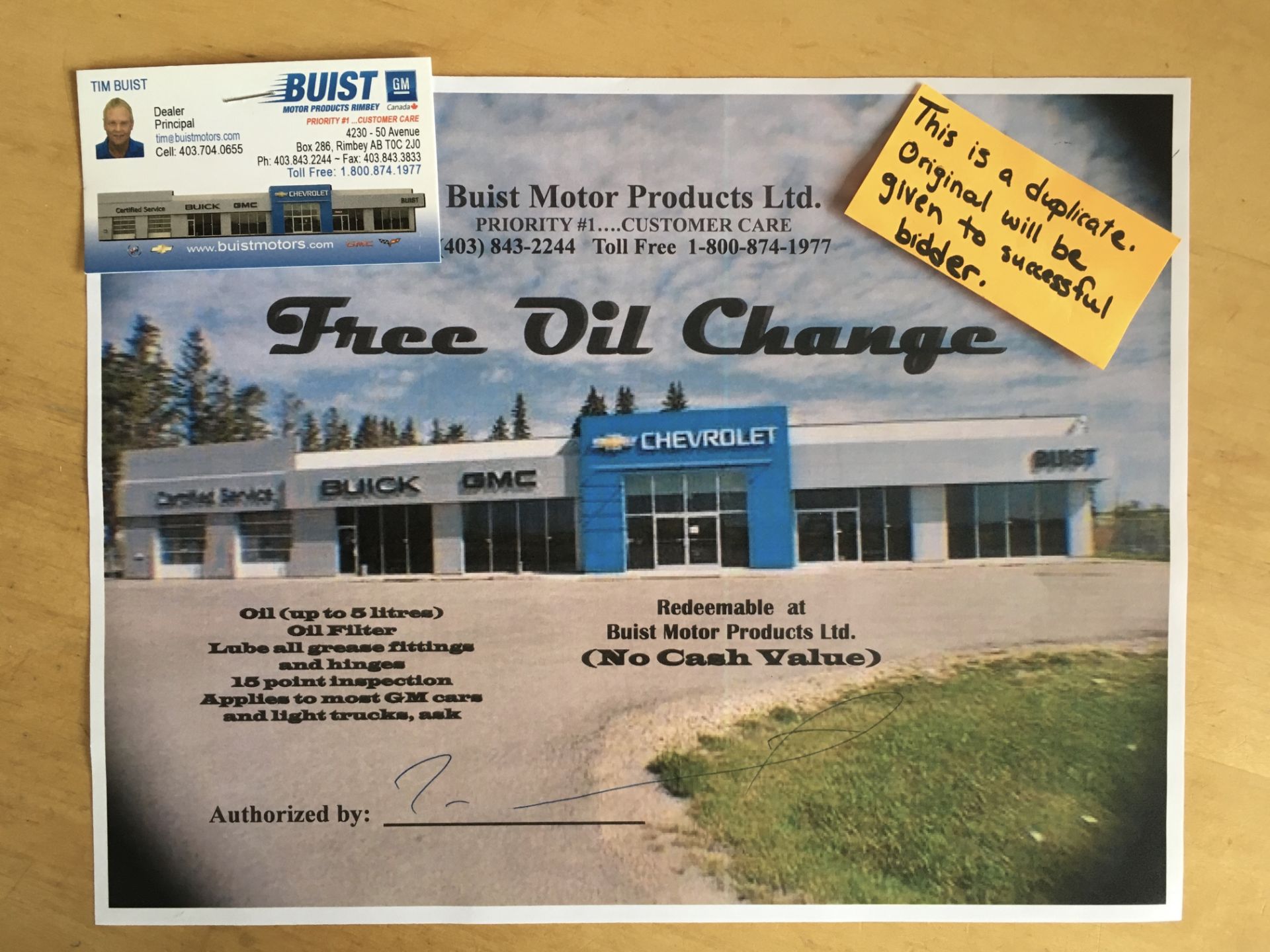 GIFT CERTIFICATE FOR A FREE OIL CHANGE Redeemable at Buist Motors Products Ltd. Oil change - Image 2 of 2