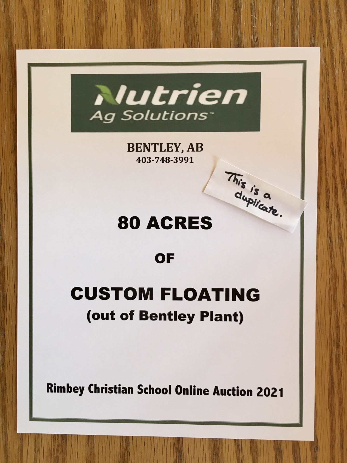 80 ACRES OF CUSTOM FLOATING GIFT CERTIFICATE Nutrien Ag Solutions (Bentley) Certificate for 80 Acres