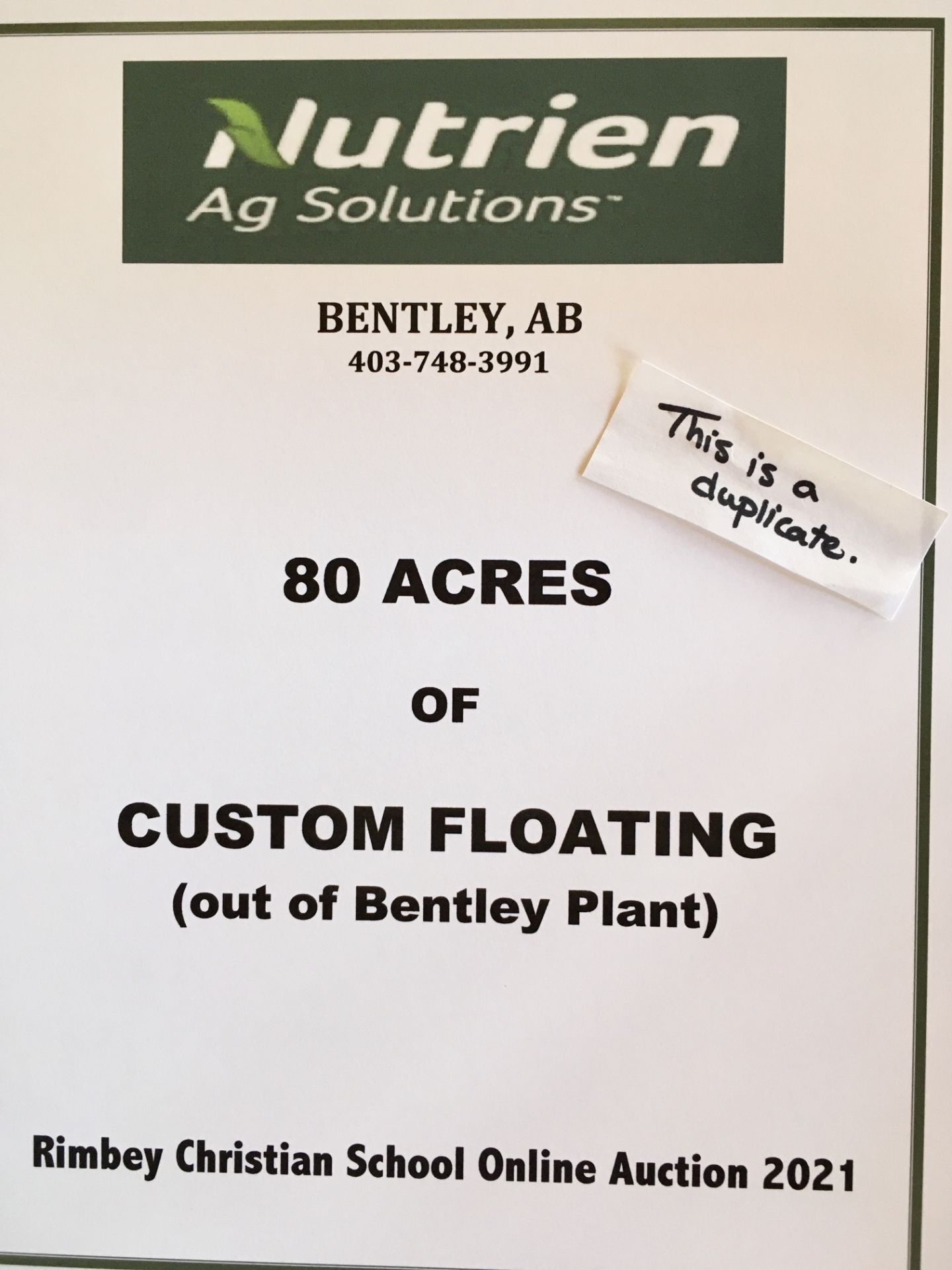 80 ACRES OF CUSTOM FLOATING GIFT CERTIFICATE Nutrien Ag Solutions (Bentley) Certificate for 80 Acres - Image 2 of 2