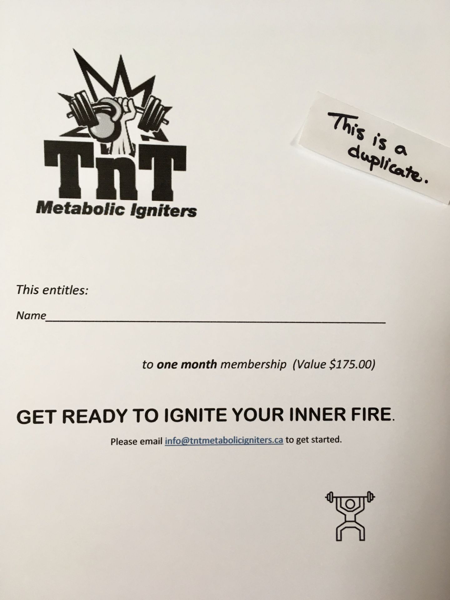 TNT METABOLIC IGNITERS ONE MONTH MEMBERSHIP GIFT CERTIFICATE TnT Metabolic Igniters is a fitness gym - Image 2 of 2
