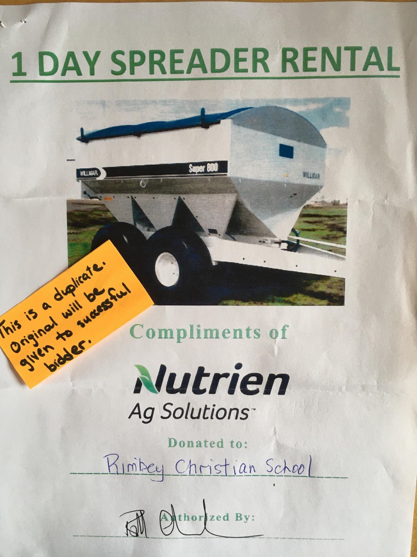 GIFT CERTIFICATE FOR 1 DAY SPREADER RENTAL Donated by: Nutrien Ag Solution. Rimbey, AB Value: $105. - Image 2 of 2
