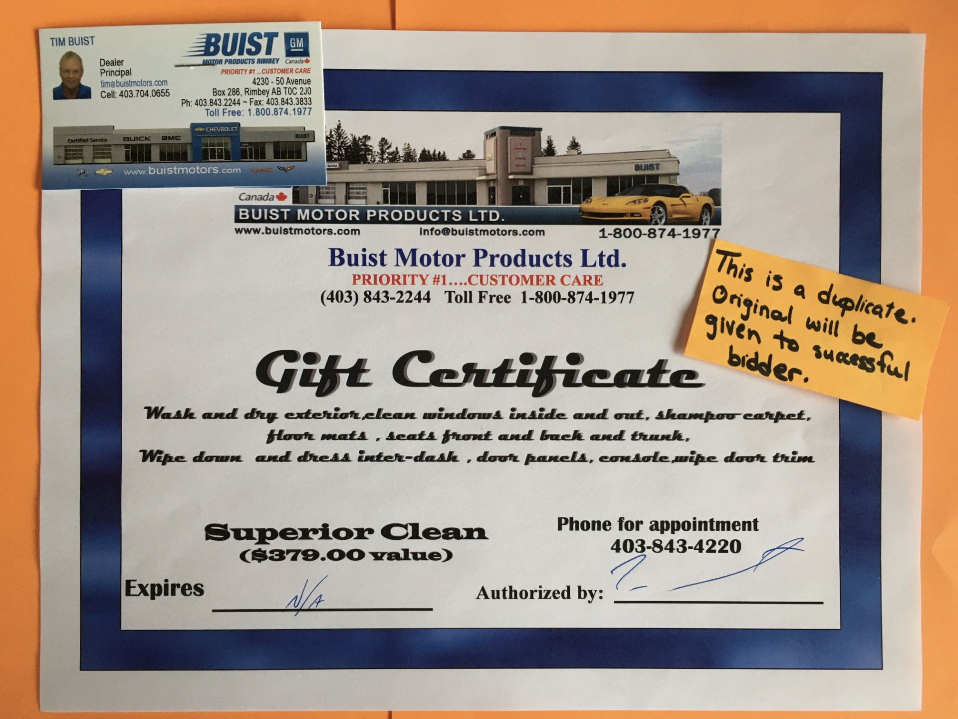 VEHICLE SUPERIOR DETAILING GIFT CERTIFICATE Get your vehicle cleaned at Buist Motors Products