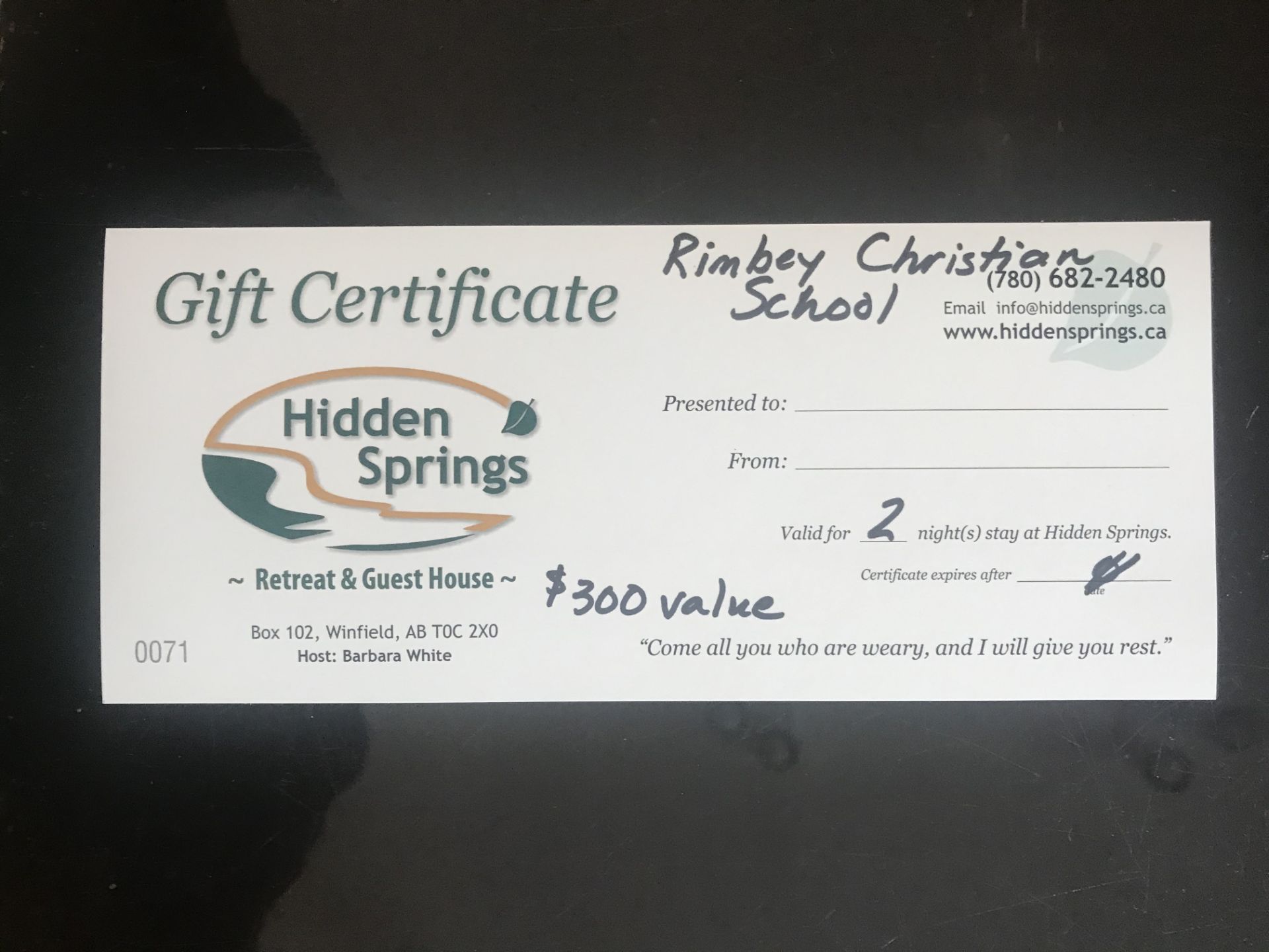 HIDDEN SPRINGS RETREAT & GUEST HOUSE: GIFT CERTIFICATE FOR 2 NIGHT STAY Good for 2 night stay for