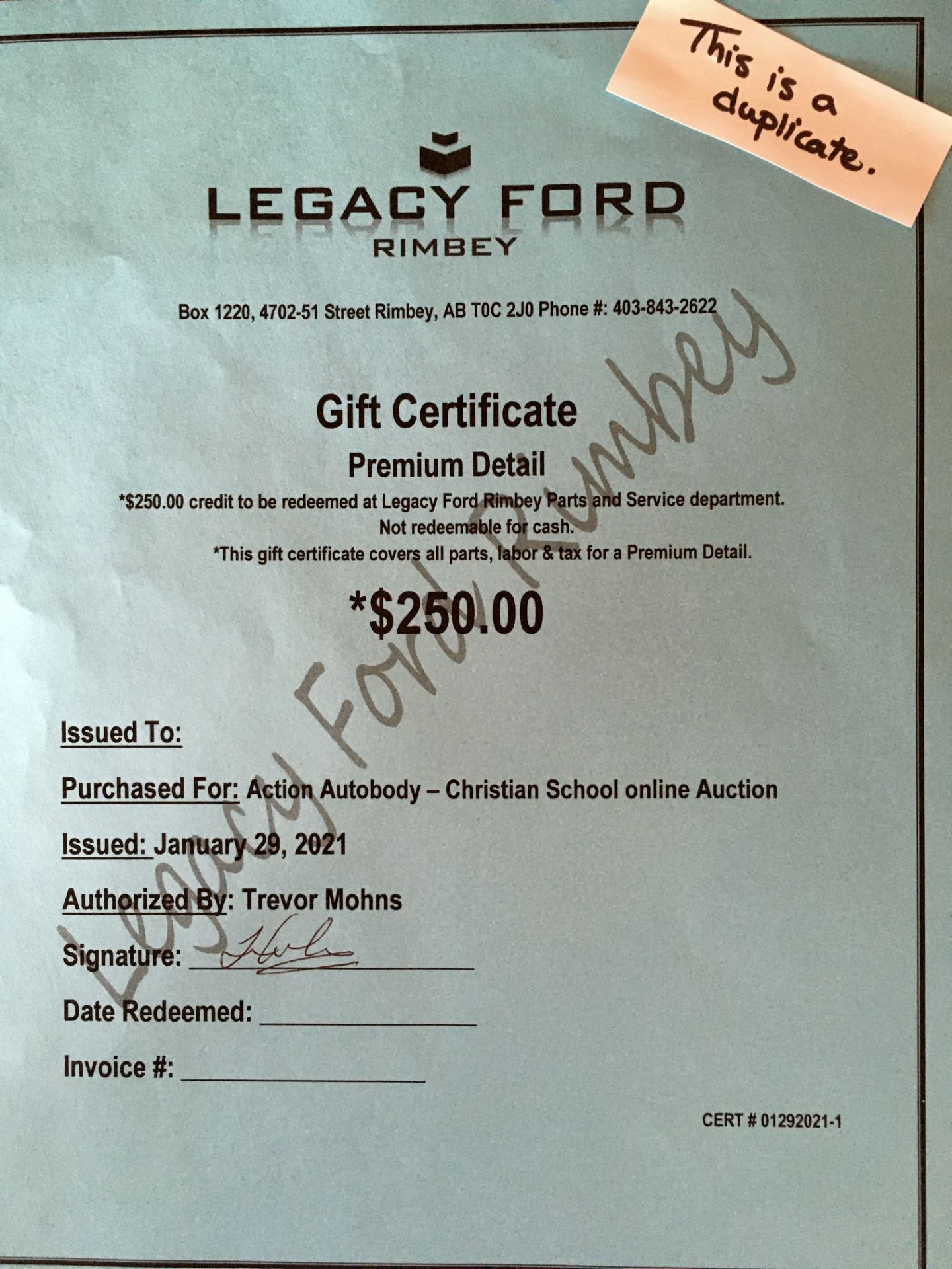 RIMBEY LEGACY FORD PREMIUM DETAIL GIFT CERTIFICATE Donated by: Action Autobody. Rimbey, AB Value: $ - Image 2 of 2