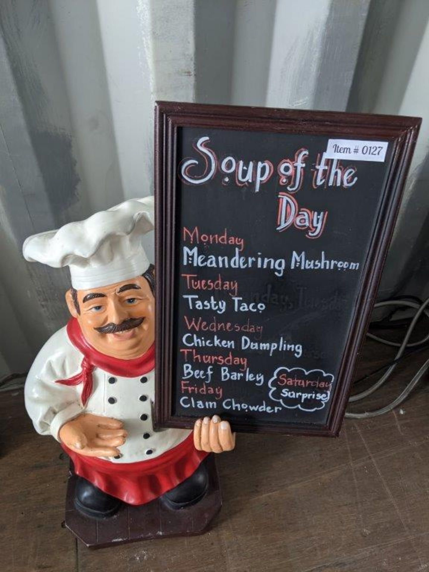 LE CHEF SOUP SIGNAGE STATUE W/FRAMED CHALKBOARD SIGN - 34 INCH HIGH