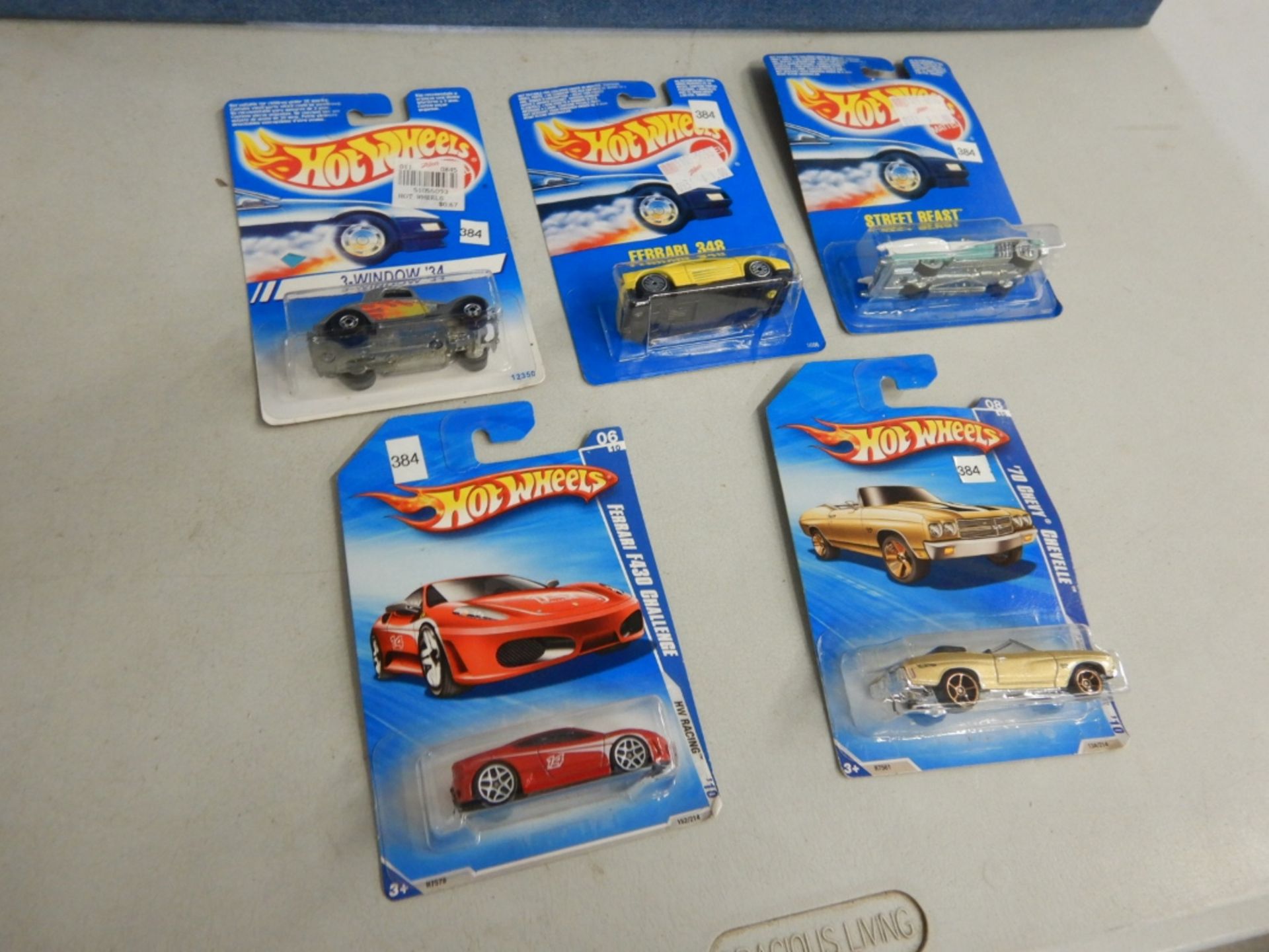 HOT WHEELS CARS - "3 WINDOW 34", "70 CHEVY CHECKER", "STREET BEAST", "FERRARI 348", "FERRARI F430