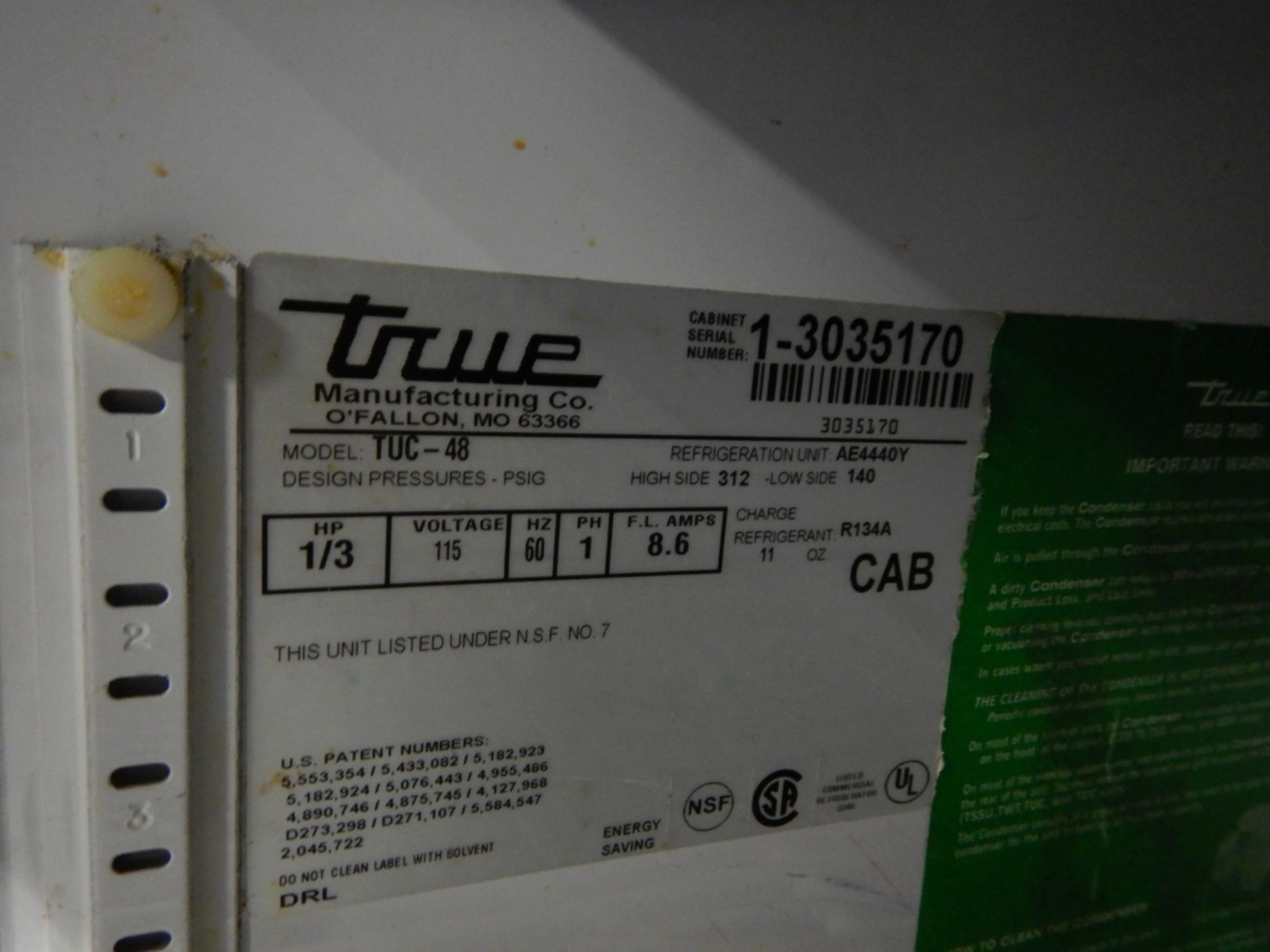 TRUE TUC 48 SS UNDERCOUNTER 2- DR REFRIGERATOR W/SS TOP, CASTORS –S/N 1-3035-170 - Image 3 of 3