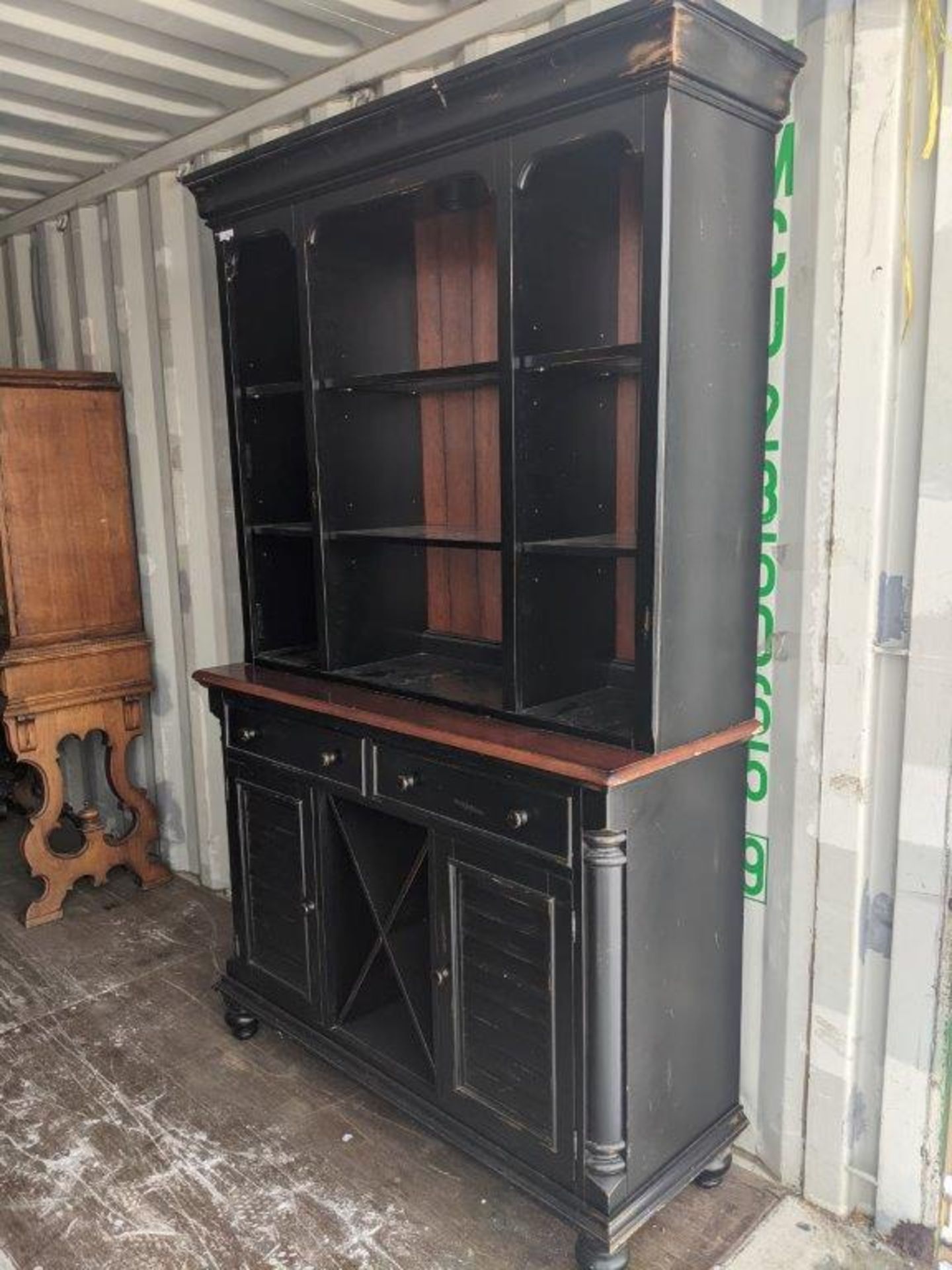 BLACK LACQUERED HUTCH W/GLASS SHELVING, STORAGE AND LIGHTS