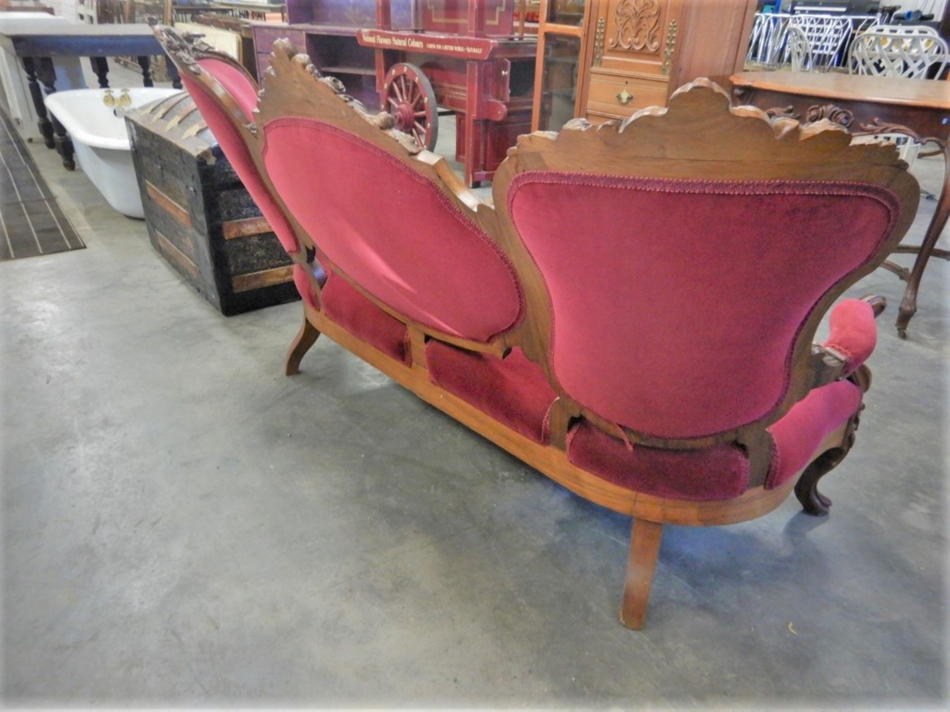 ANTIQUE CARVED UPHOLSTERED RED VELVET SETTEE W/MATCHING PARLOR CHAIR - Image 5 of 12