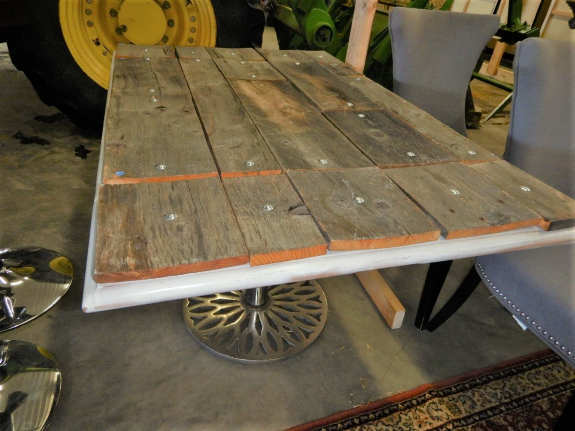 BARNWOOD CAFÉ TABLE ON DECORATIVE STEEL PEDESTAL BASE