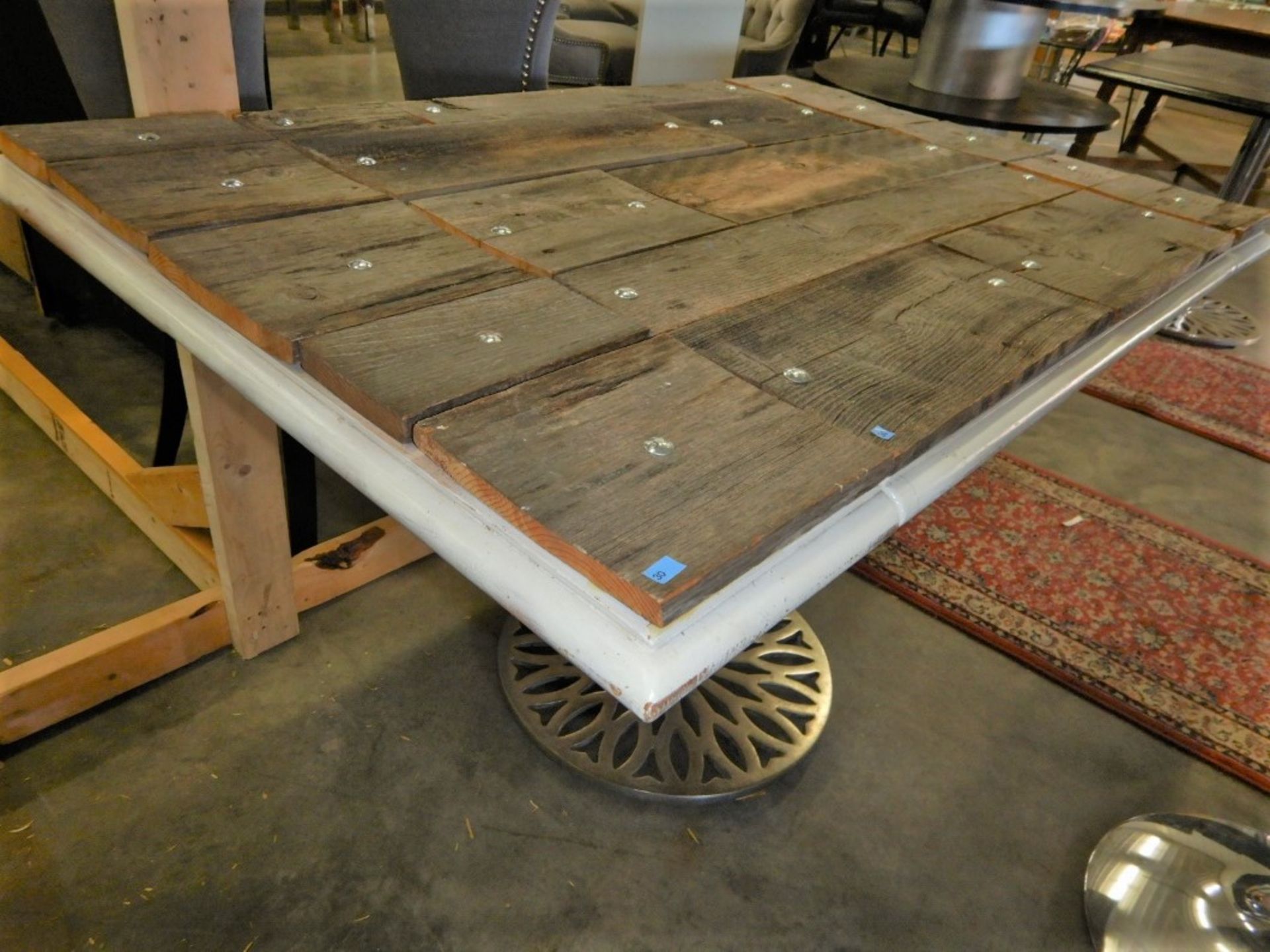 BARNWOOD CAFÉ TABLE ON DECORATIVE STEEL PEDESTAL BASE - Image 2 of 3