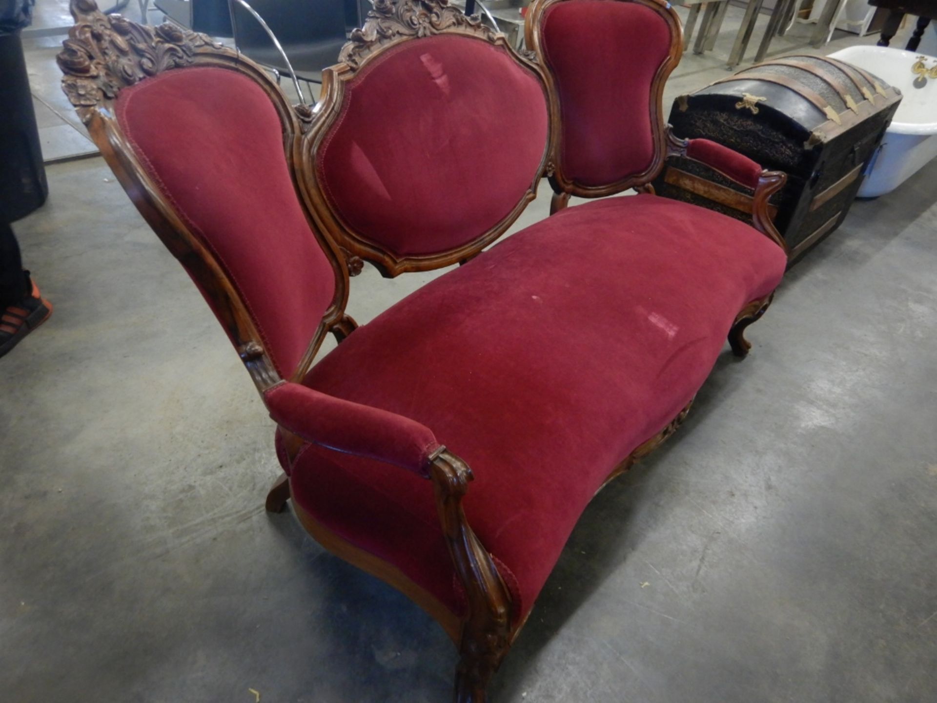 ANTIQUE CARVED UPHOLSTERED RED VELVET SETTEE W/MATCHING PARLOR CHAIR