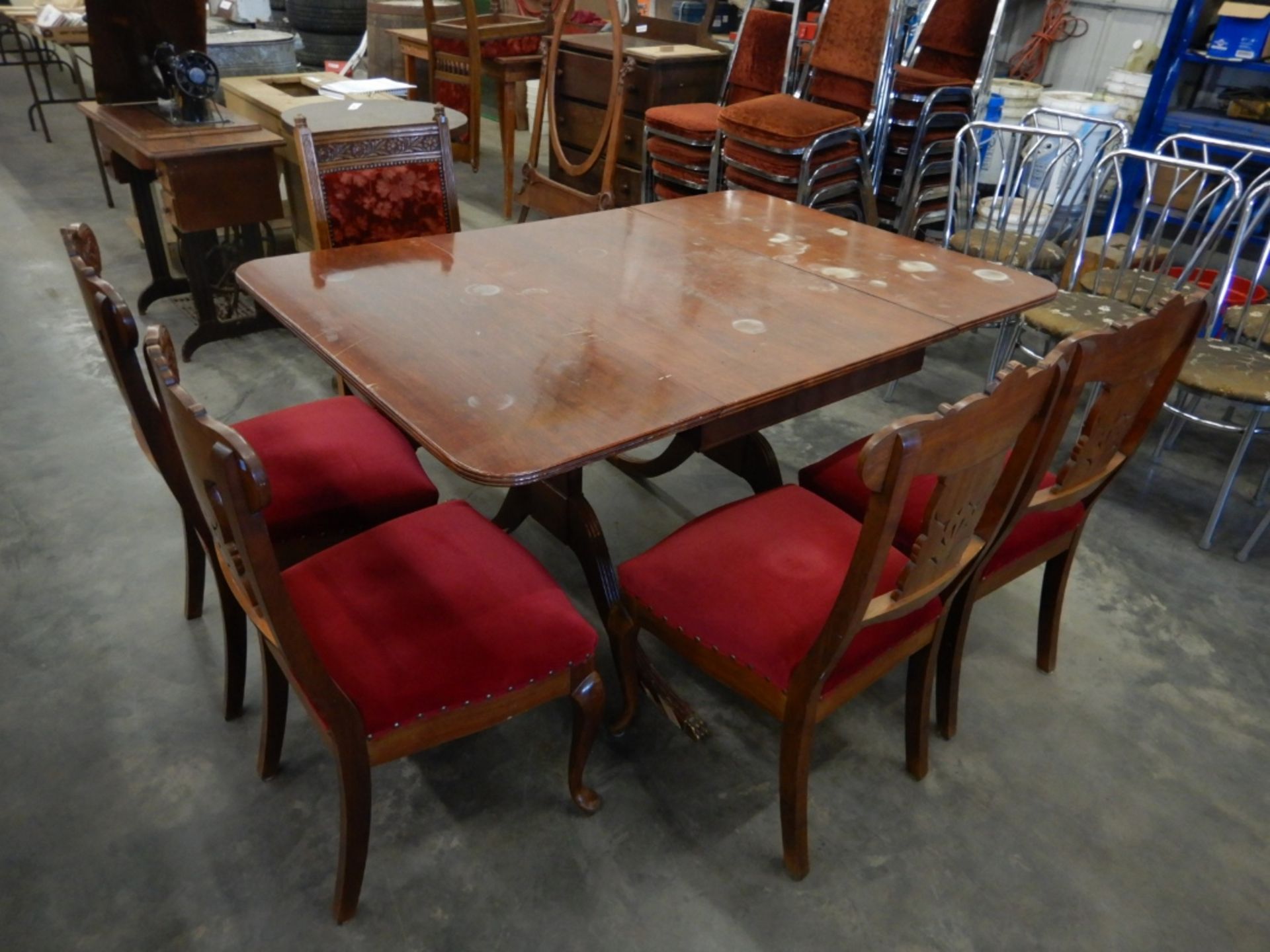 ANTIQUE DUNCAN PHYFE STYLE DROP LEAF TABLE AND CHAIRS (6)