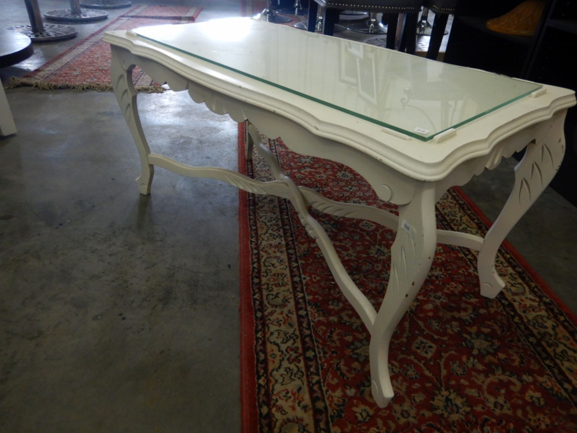 ANTIQUE COFFEE TABLE PAINTED OFF WHITE, W/GLASS INSET TOP-33 3/4"W X 17"D X 17 1/4"H