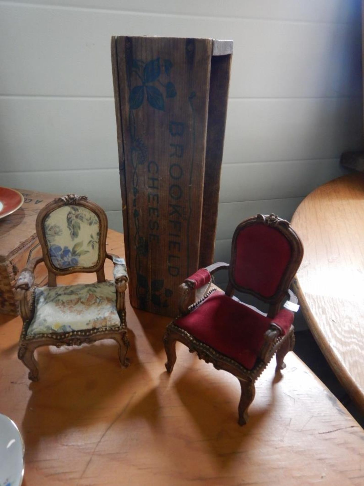 ANTIQUE WOODEN BOXES & TWO DOLL CHAIRS