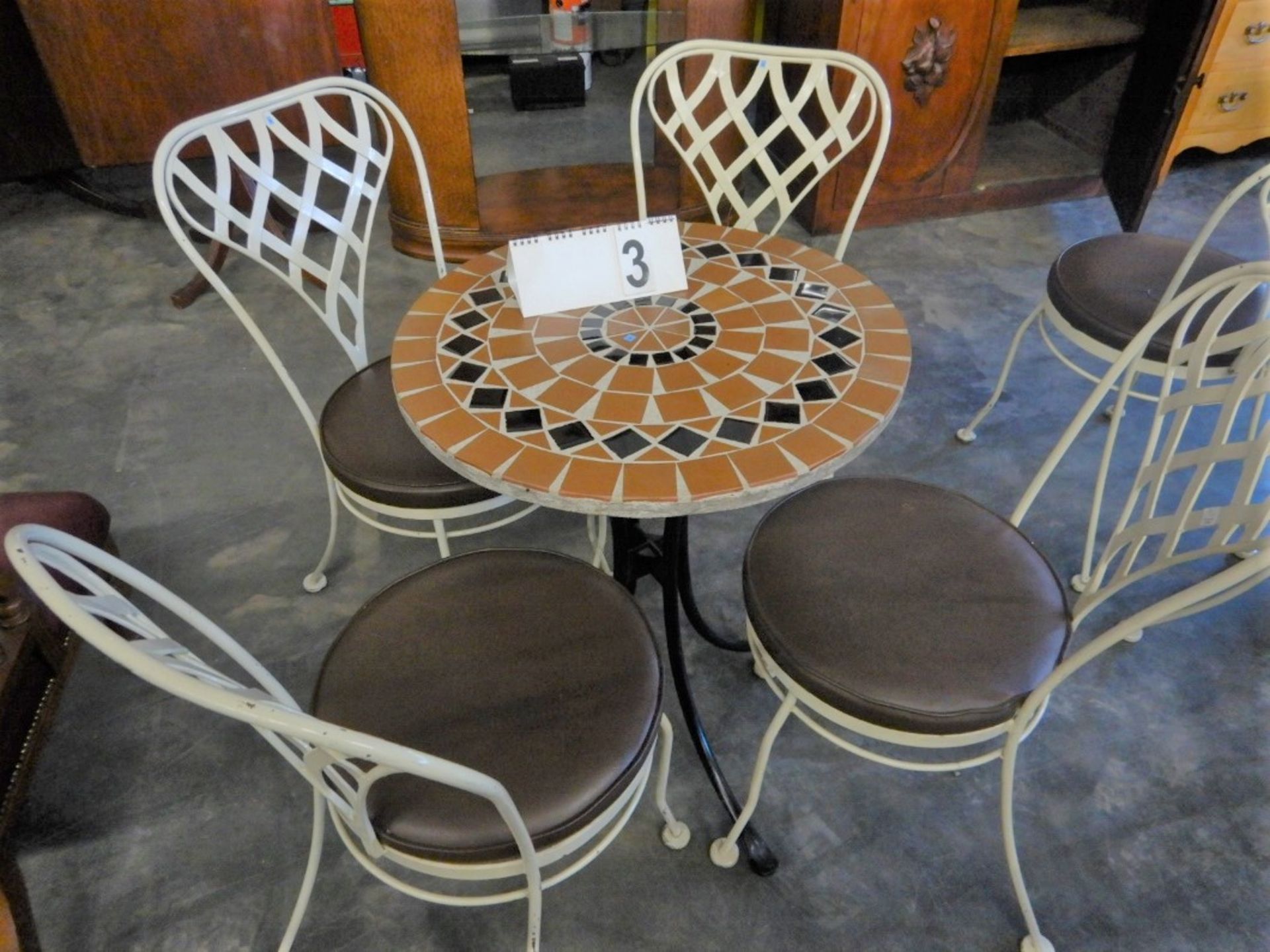 ANTIQUE STONE BISTRO TABLE & CHAIRS (4) - CHOCOLATE PADDED VINYL SEAT