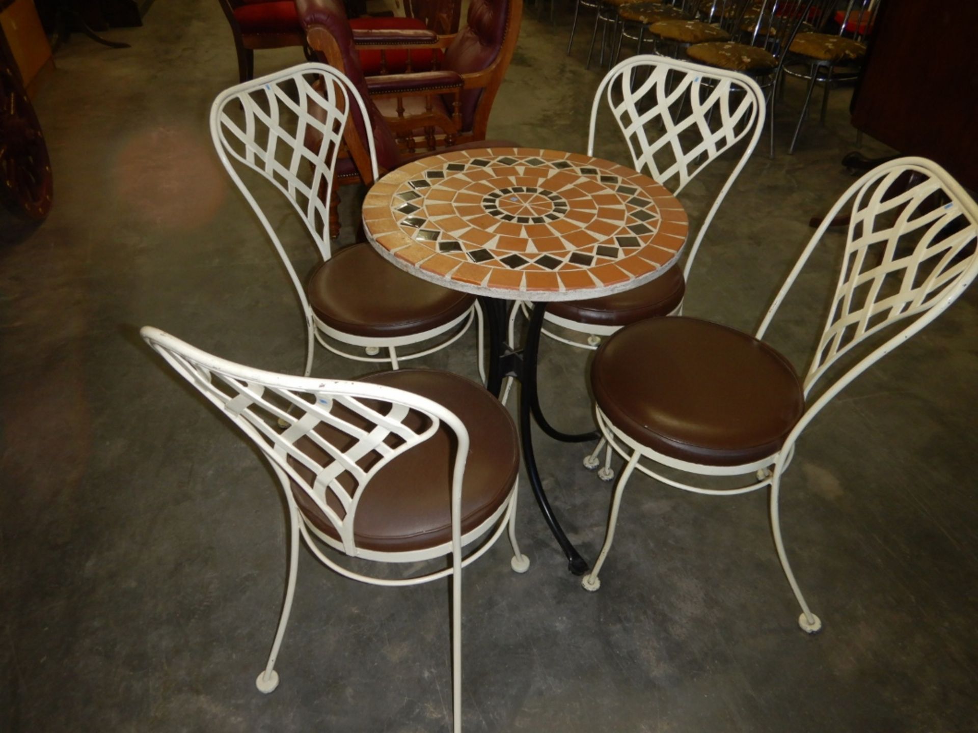 ANTIQUE STONE BISTRO TABLE & CHAIRS (4) - CHOCOLATE PADDED VINYL SEAT - Image 3 of 7