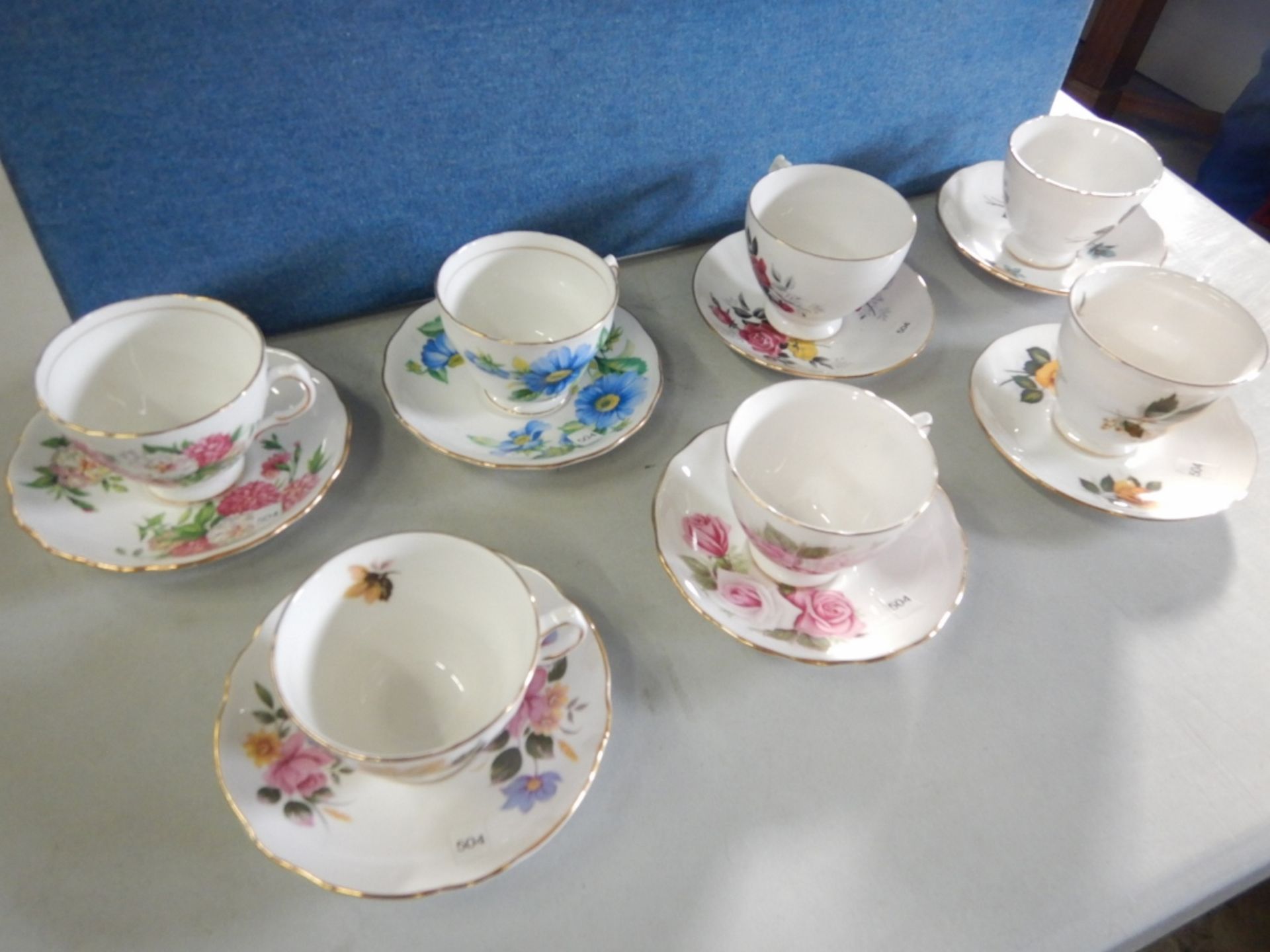 ANTIQUE TEACUPS & SAUCERS - MADE IN ENGLAND - LOT OF 7 - BONE CHINA #8273 - YELLOW FLOWERS, #