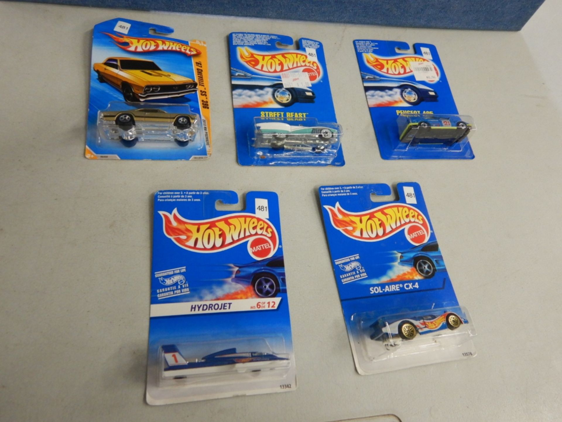 HOT WHEELS CARS - "SOLE-AIRE CX4", "76 CHEVELLE SS 396", "PEUGOT 405", "STREETBEAST", "HYDROJET"