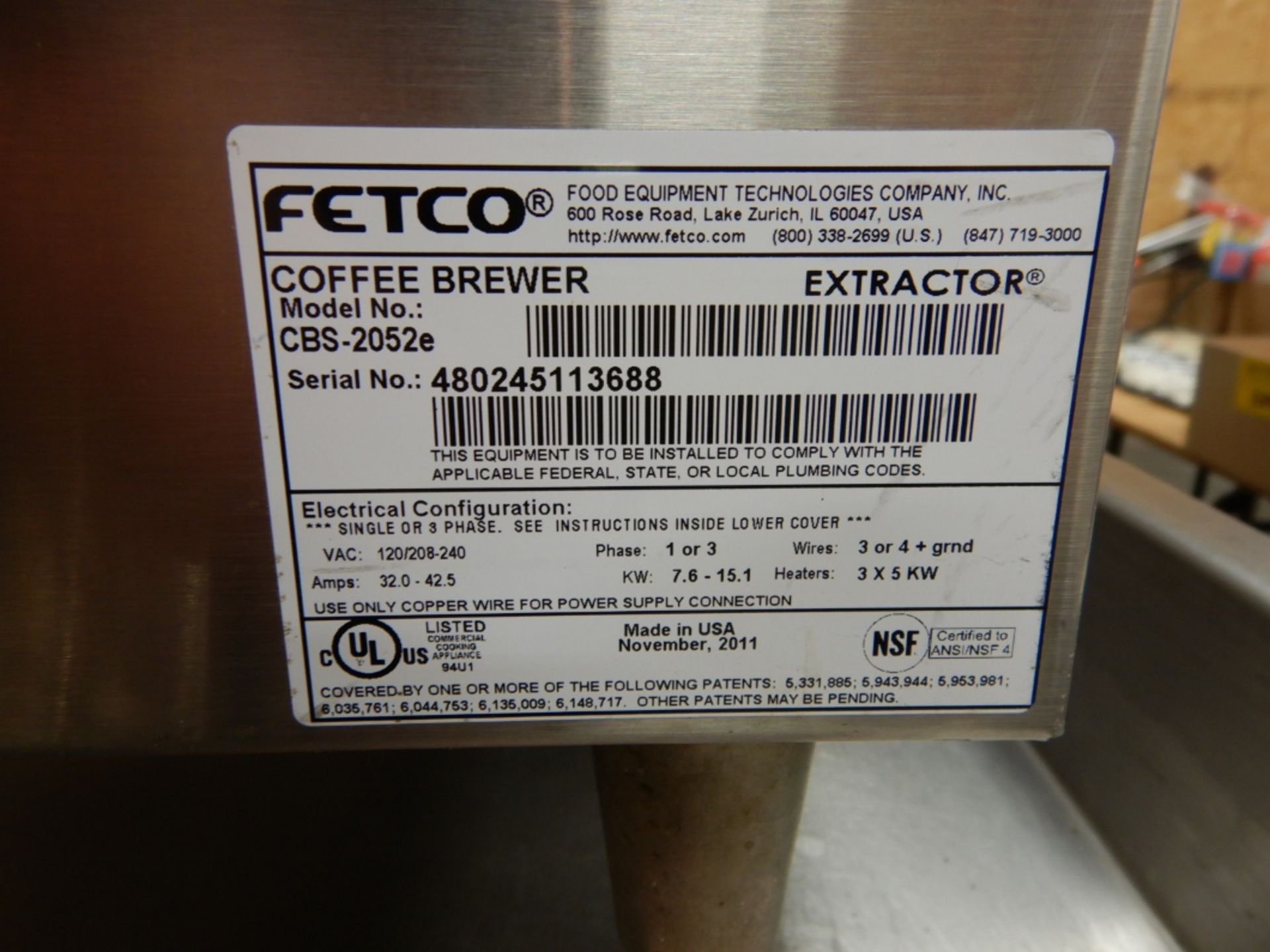 FETCO CBS 2025e EXTRACTOR SERIES DBL COFFEE BREWER 1 OR 3 PH S/N 480245113688W/2-FETCO LUXUS LDS- - Image 7 of 7