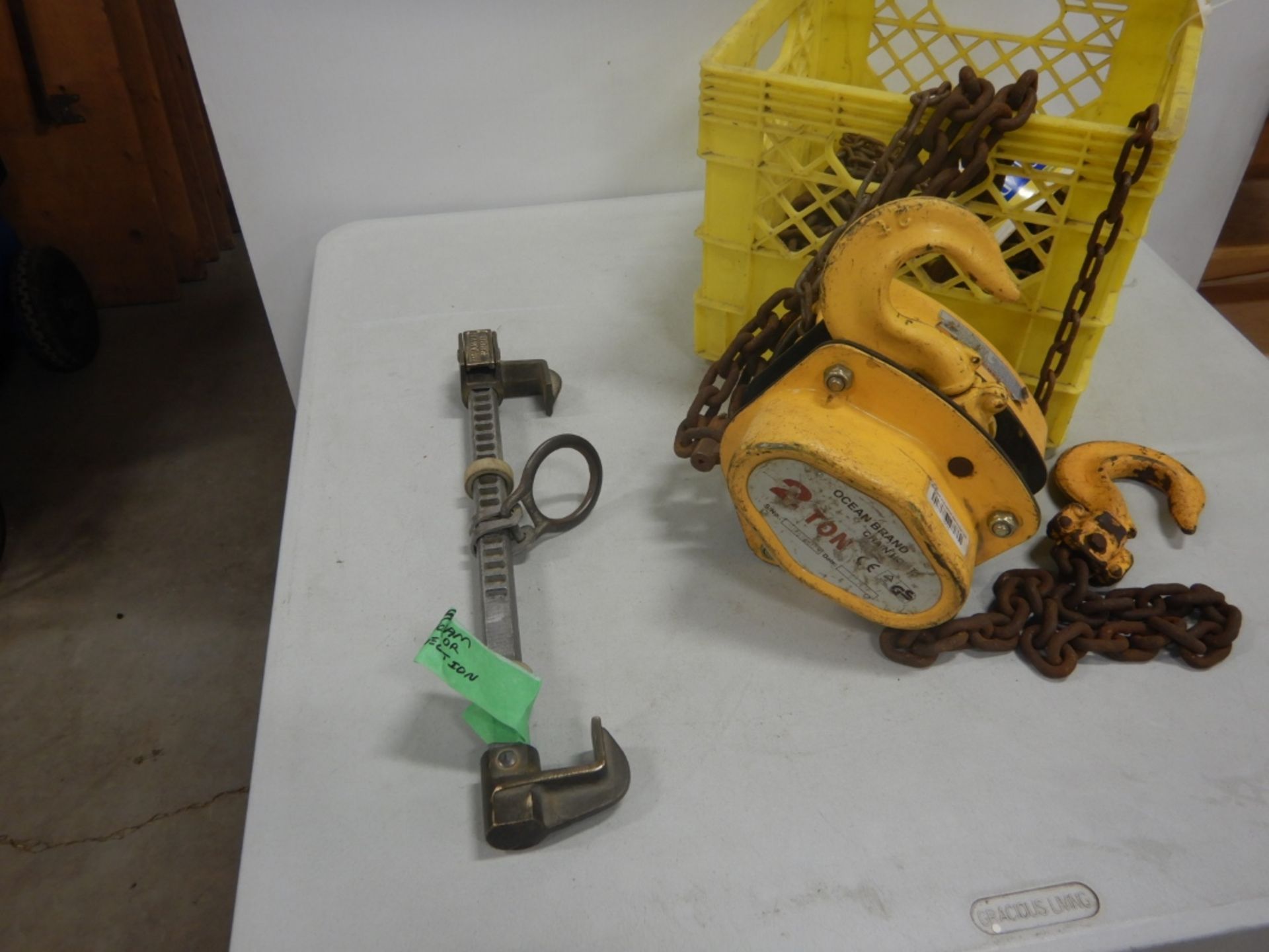 L/O BEAMER 2000 STEEL BEAM CLAMP, 2 TON OCEAN BRAND CHAIN HOIST, CHAIN ETC.