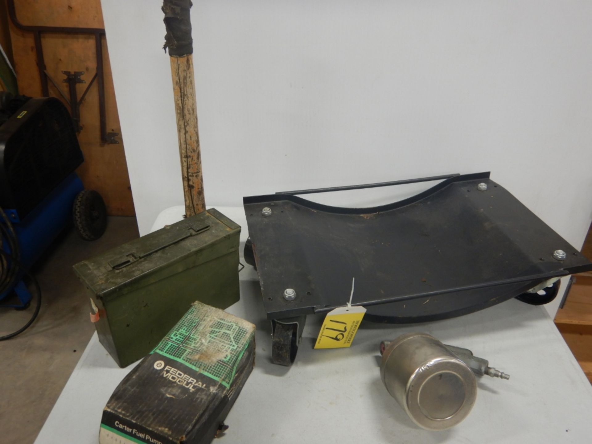 L/O CAR TIRE DOLLY, AMMO BOX, ASSORTED TOOLS ETC.