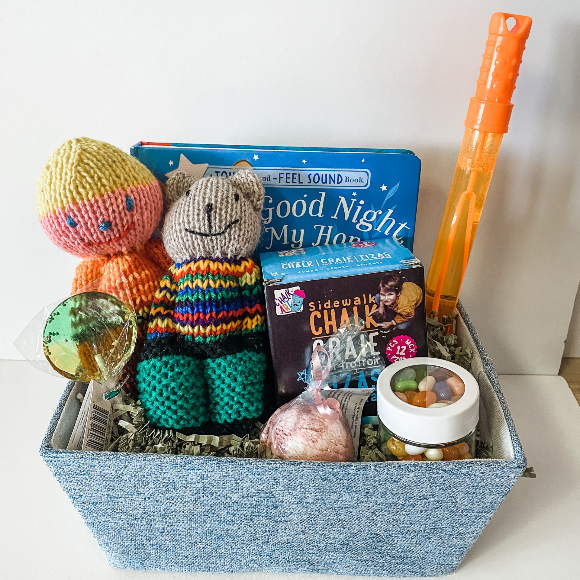 Kids Gift Basket - Handmade Dolls, Book, Chalk, Bubbles, Lollipop - Addy Oberlin & Little Smoky Gift