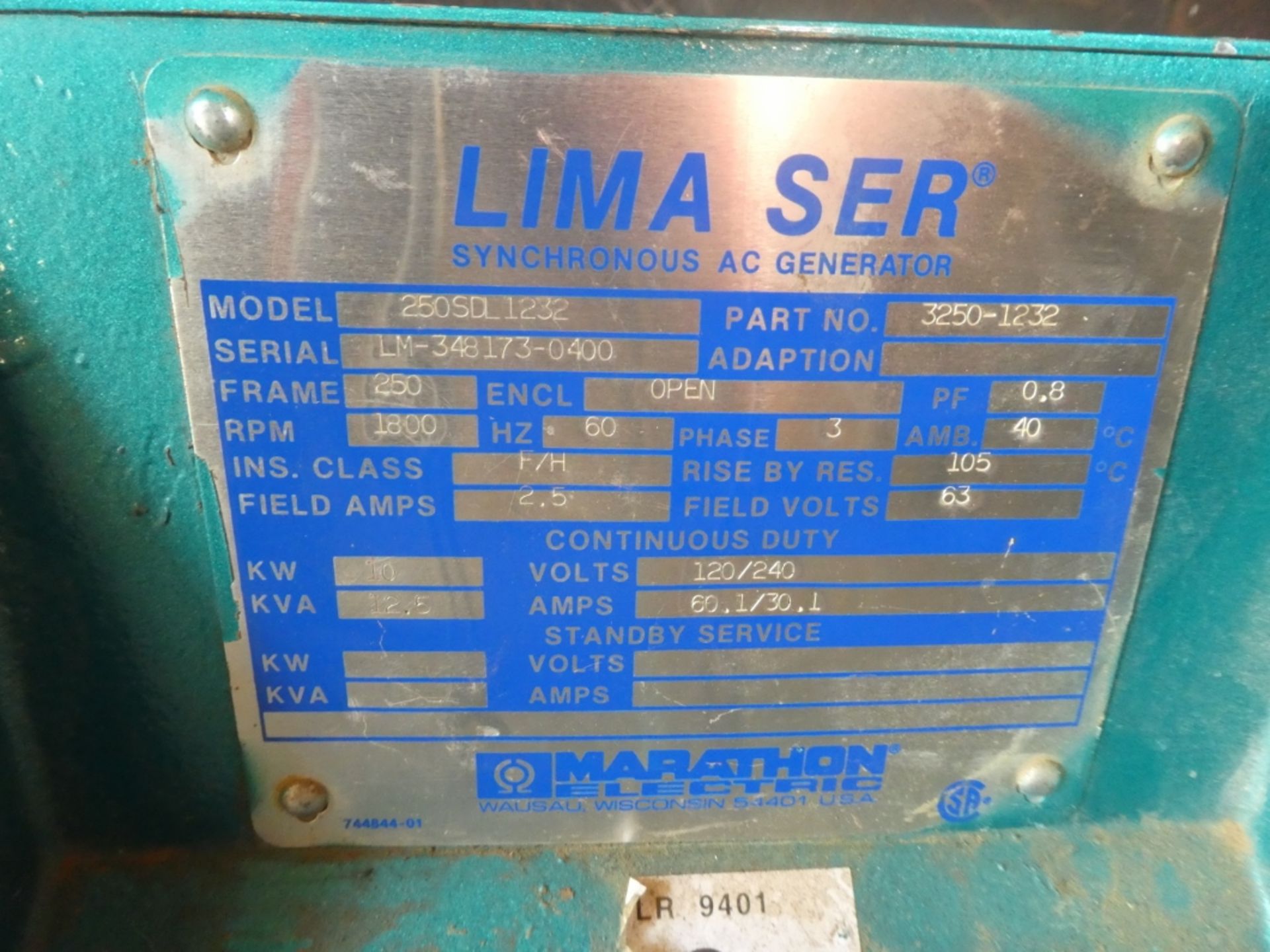 LIMA SER SYNCHRONOUS AC GENERATOR W/ HYD. DRIVE 10KW/12.5KVA, 120/240V, MODEL 250SDL1232, S/N LM- - Image 3 of 3