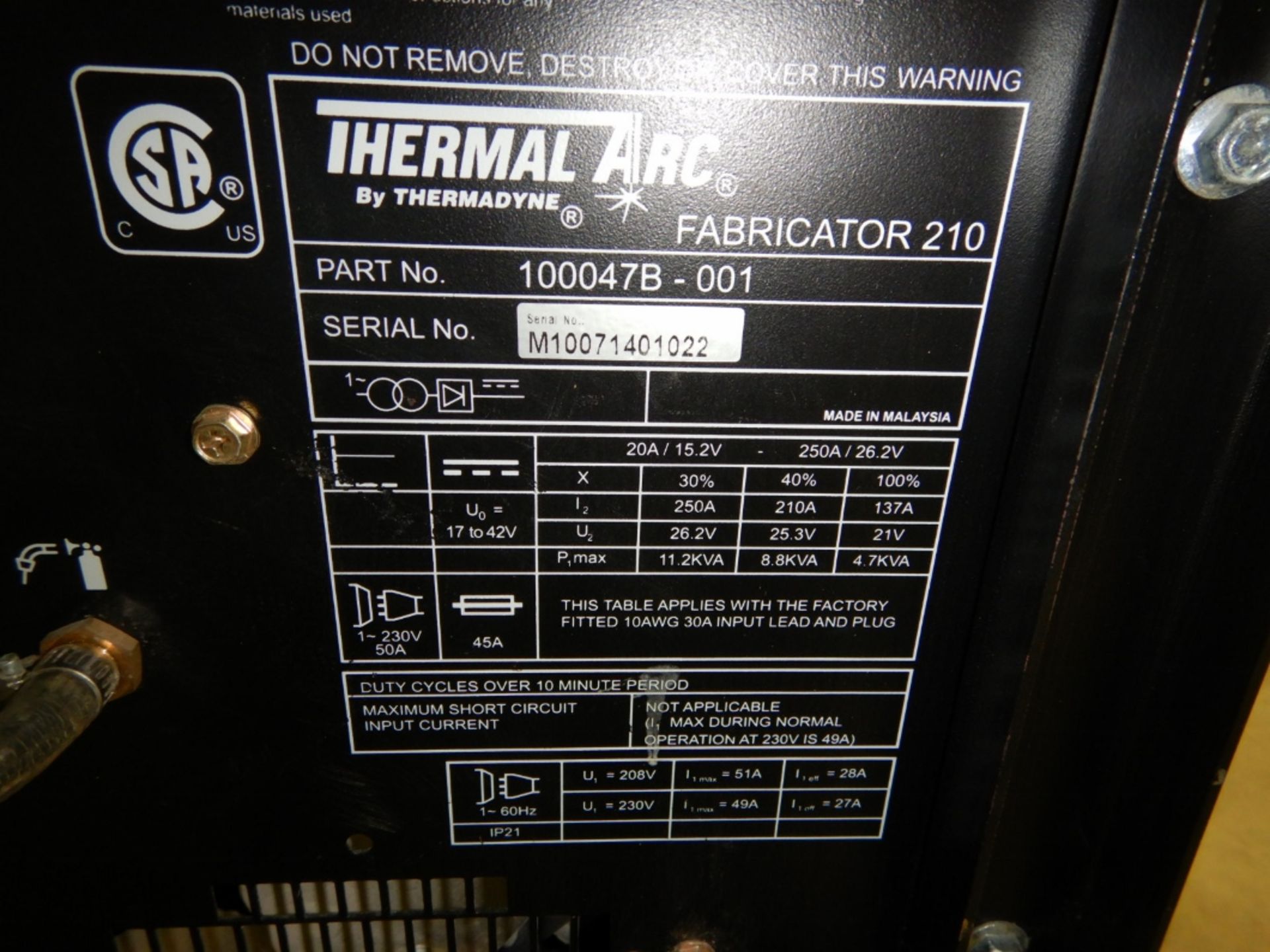 THERMAL ARC 210 WELDSKILL FABRICATOR MIG-WIRE FEEDER WELDER S/N M10071401022 PT# 100047B001 - Image 6 of 6