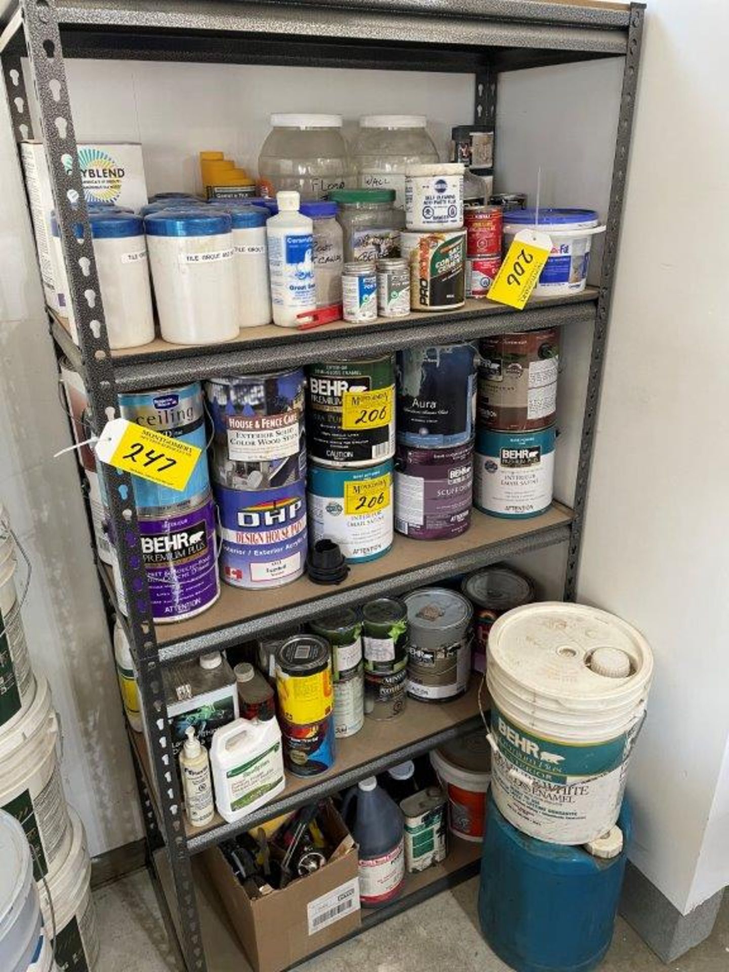 L/O ASSORTED PAINTS & STAINS , BRUSHES, ASSORTED ASSORTED SUPPLIES, ETC