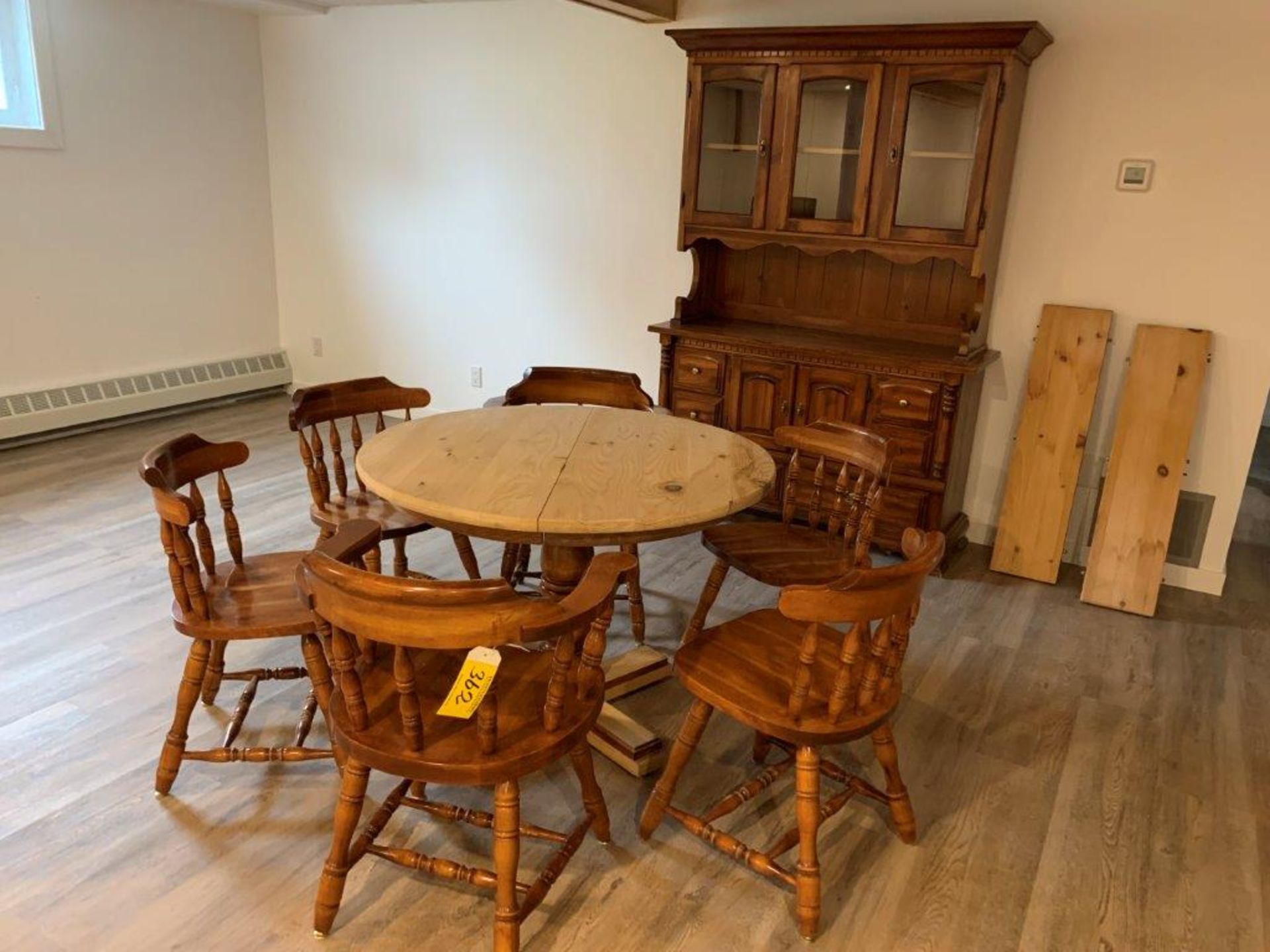 SOLID WOOD 42IN DIA., TABLE WITH 2-LEAVES AND 6-WOODEN CHAIRS TO MATCH, CHINA CABINET