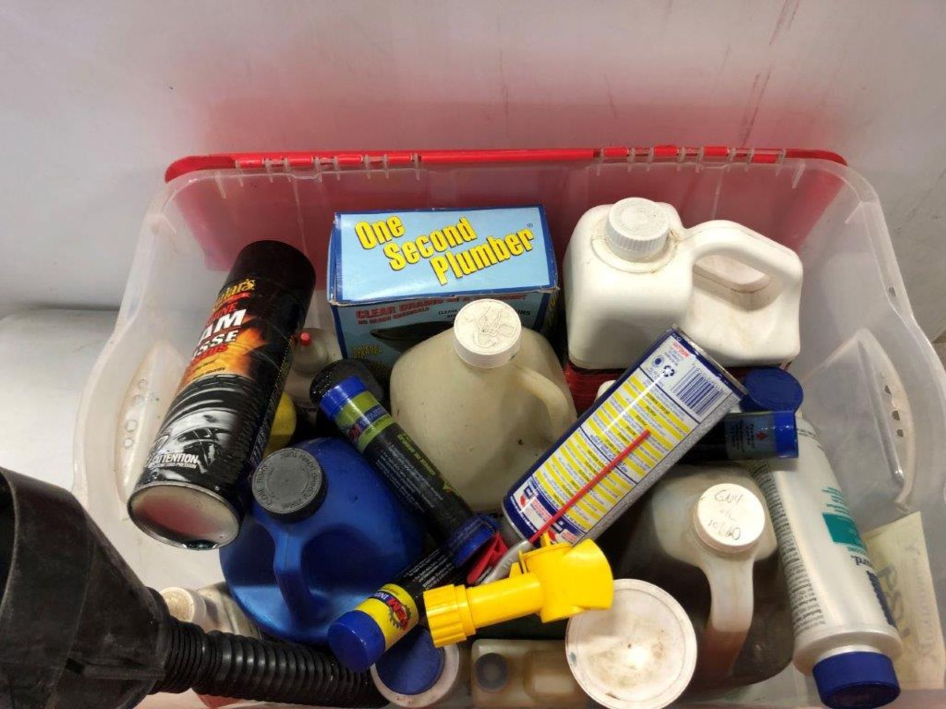L/O ASSORTED OILS, FLUIDS, CHEMICAL - SPA ANTI FOAM, ONE SECOND PLUMBER, POLY FUNNEL, WD-40, ETC. - Image 2 of 2