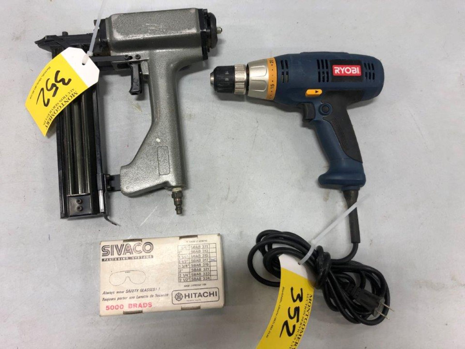 BEX 16 GUAGE 3/4"-2 " AIR BRAD NAILER, BOX 1 1/2:" BRADS, RYOBI 3/8" ELECTRIC DRILL