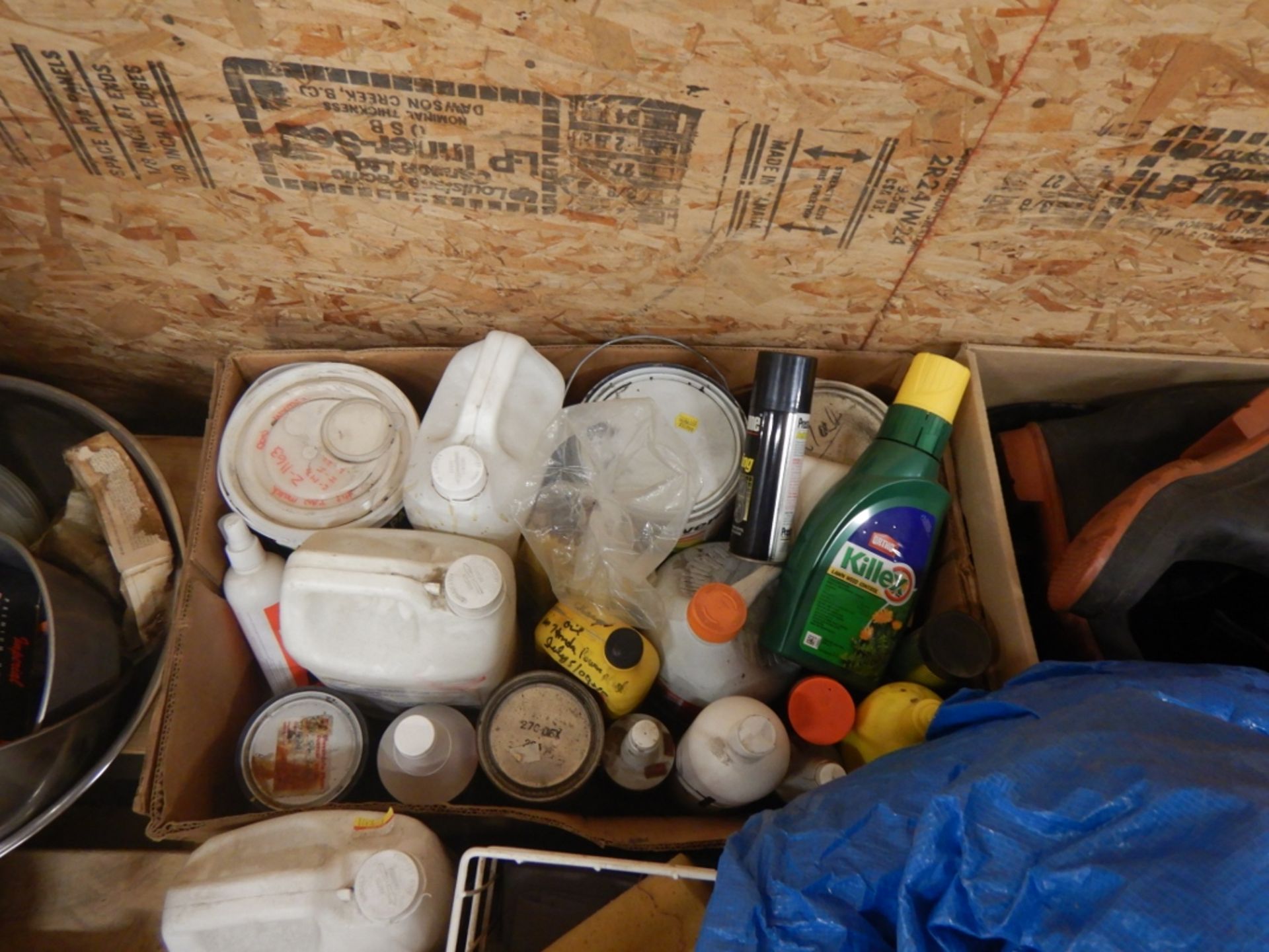 L/O TARPS, PAINT CANS, WEED SPRAY, EGG CRATE, RAIN GEAR, POLY FUNNEL, ETC. - Image 3 of 6