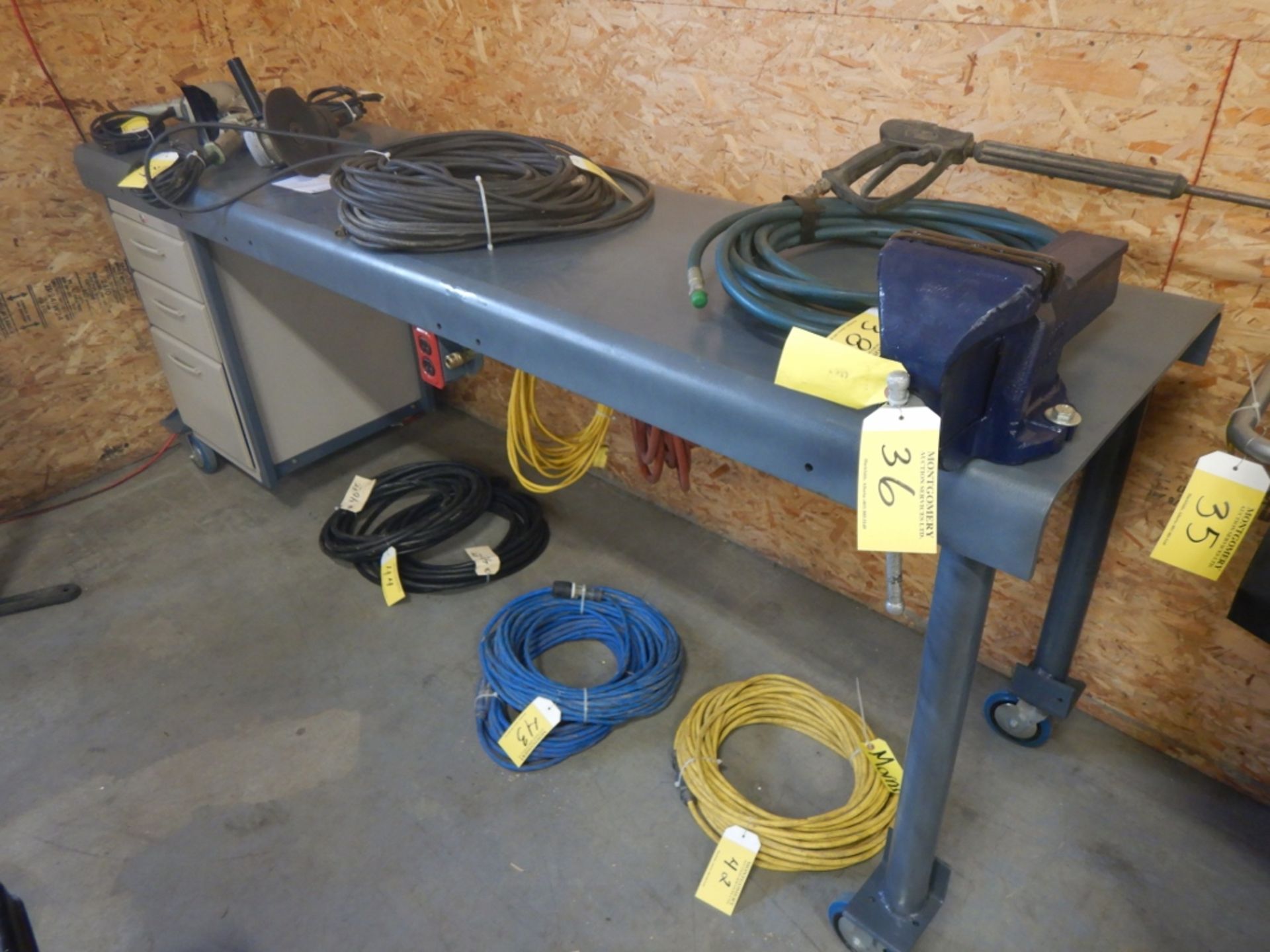 STEEL WELDING TABLE 24IN X 96IN W/ 6IN BENCH VISE, POWER AND AIR OUTLETS, HOSES, POWER CORDS - Image 4 of 7