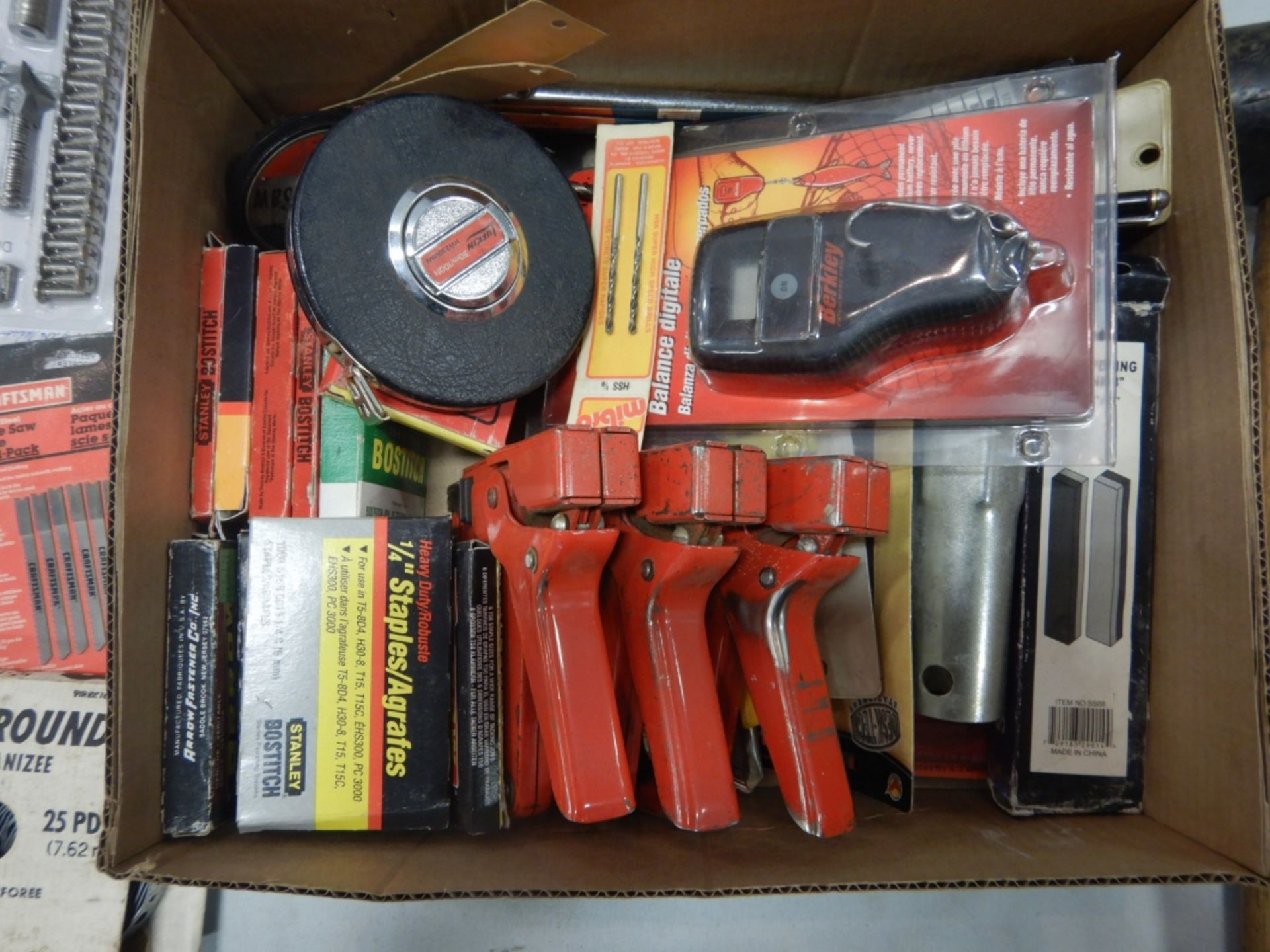 L/O WOOD STAPLERS, STAPLES, TAPE MEASURE, HOLE SAWS, DRILL BITS, DIGITAL FISH SCALE, NAIL PULLER, - Image 2 of 4