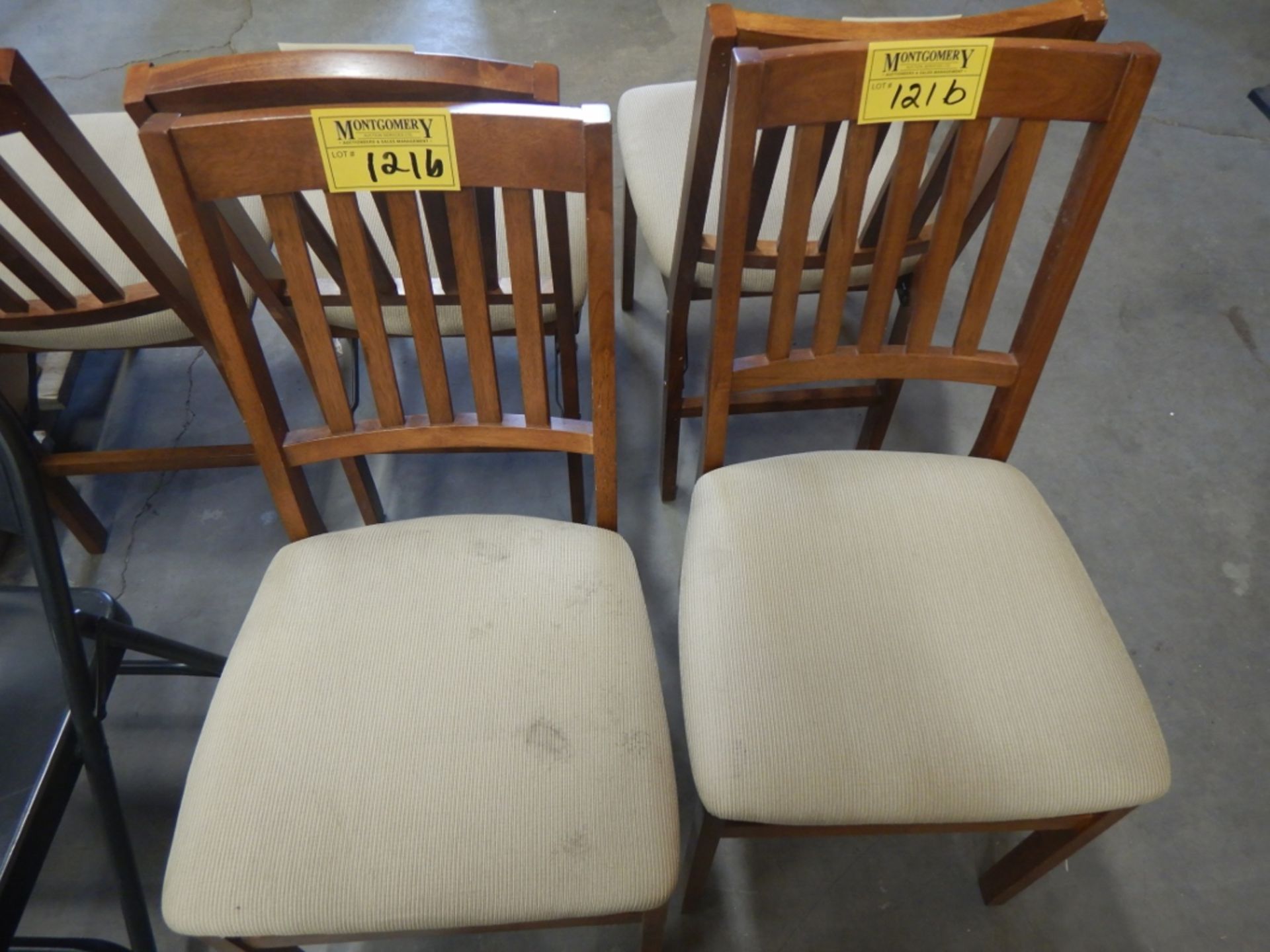 5-WOODEN FOLDING CHAIRS W/ FABRIC CUSHIONS