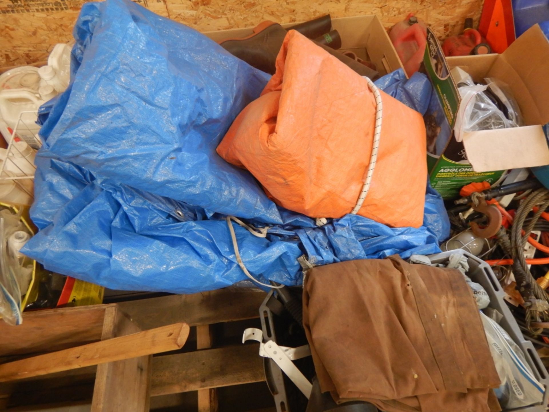L/O TARPS, PAINT CANS, WEED SPRAY, EGG CRATE, RAIN GEAR, POLY FUNNEL, ETC. - Image 5 of 6
