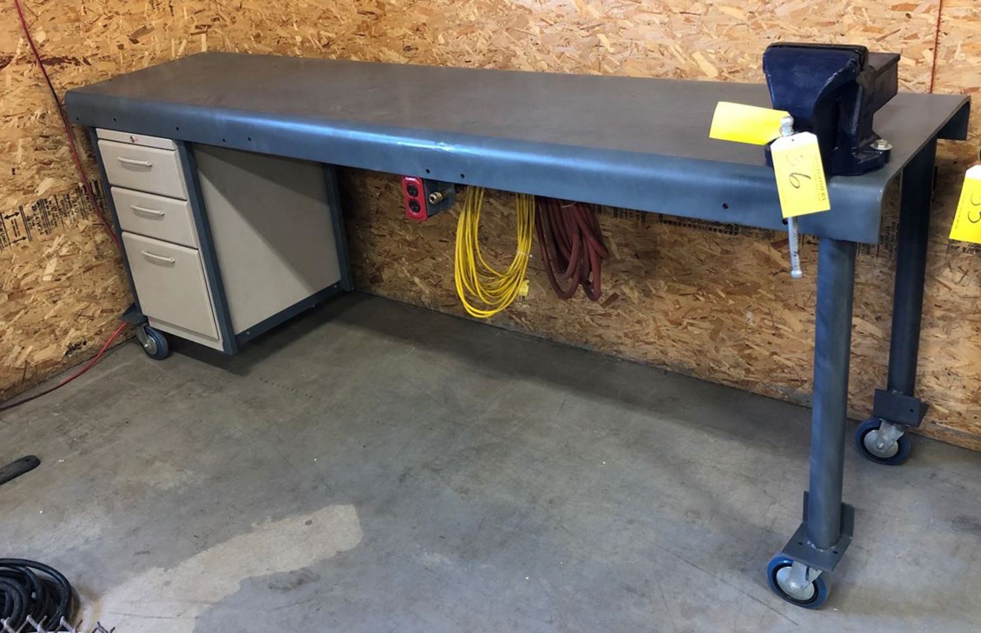 STEEL WELDING TABLE 24IN X 96IN W/ 6IN BENCH VISE, POWER AND AIR OUTLETS, HOSES, POWER CORDS
