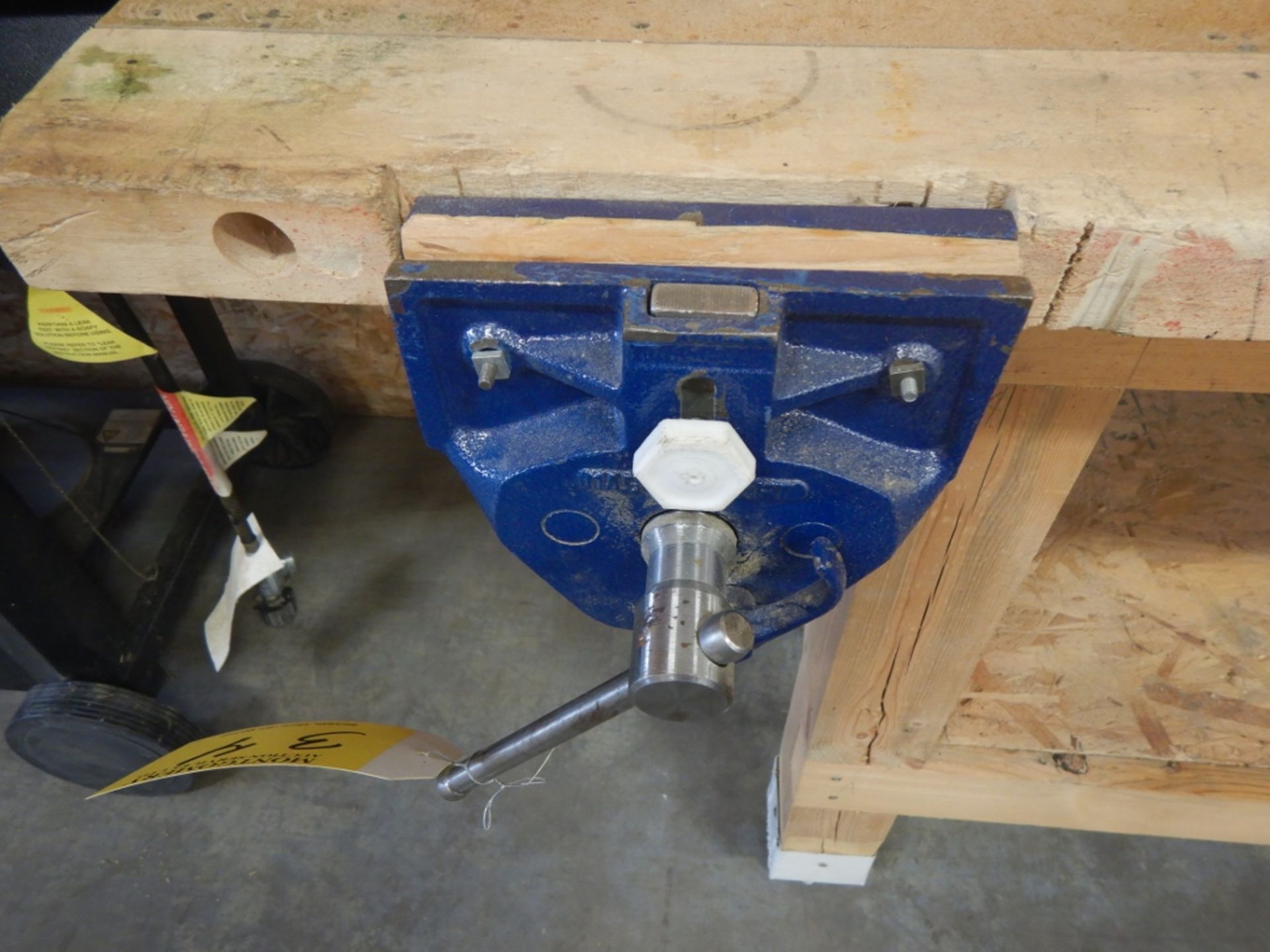 WOODEN SHOP BUILT WORK TABLE W/ 5IN BENCH VISE ON WHEELS - 80INX30INX36IN - Image 3 of 4