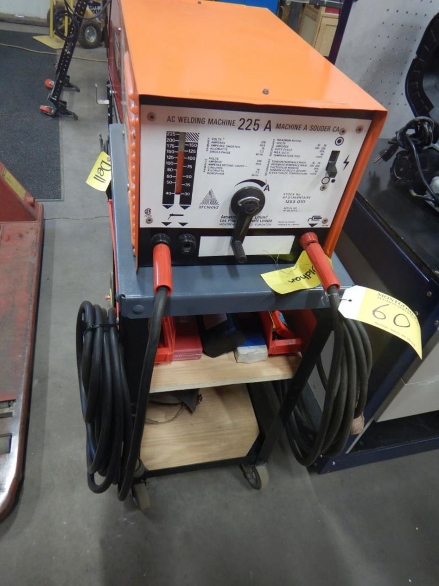 ARC WELD AC WELDING MACHINE W/ CABLES, ASSORTED ELECTRODES, MASK, CHIPPING AXE, ON WHEELED CART - Image 3 of 7