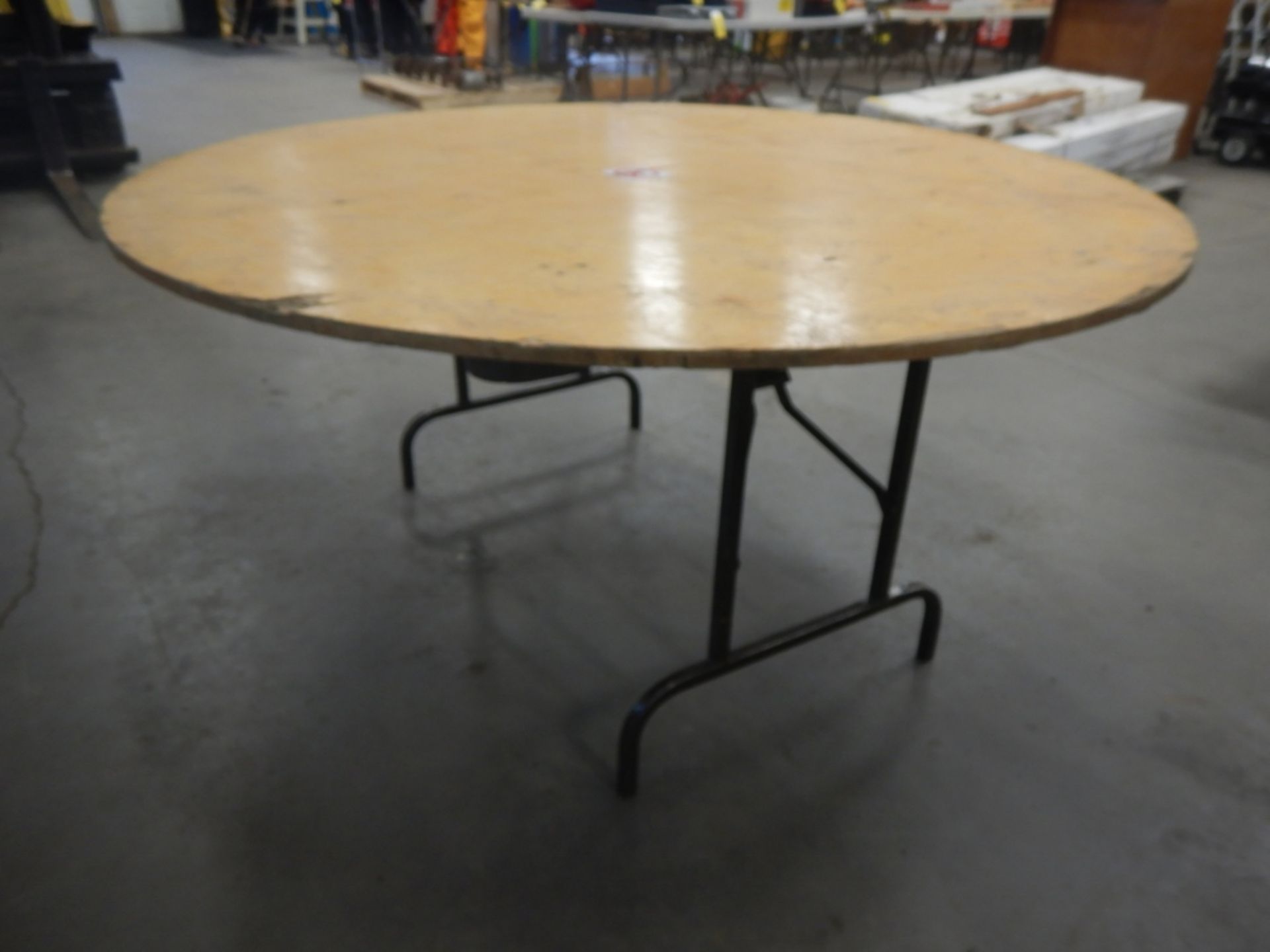 7-WOODEN FOLDING TABLE 60IN DIA. - VARIOUS TABLE CONDITION