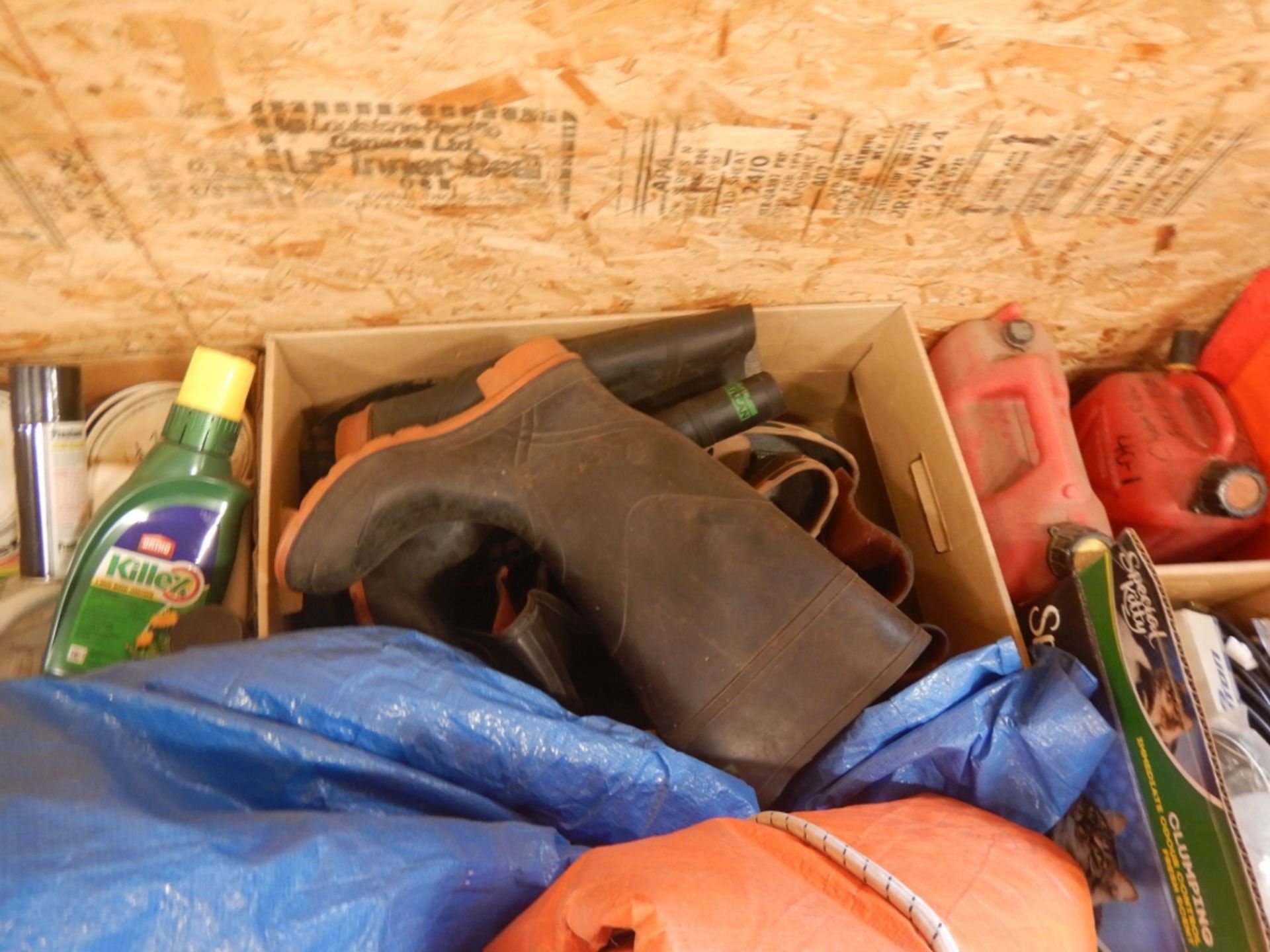 L/O TARPS, PAINT CANS, WEED SPRAY, EGG CRATE, RAIN GEAR, POLY FUNNEL, ETC. - Image 2 of 6